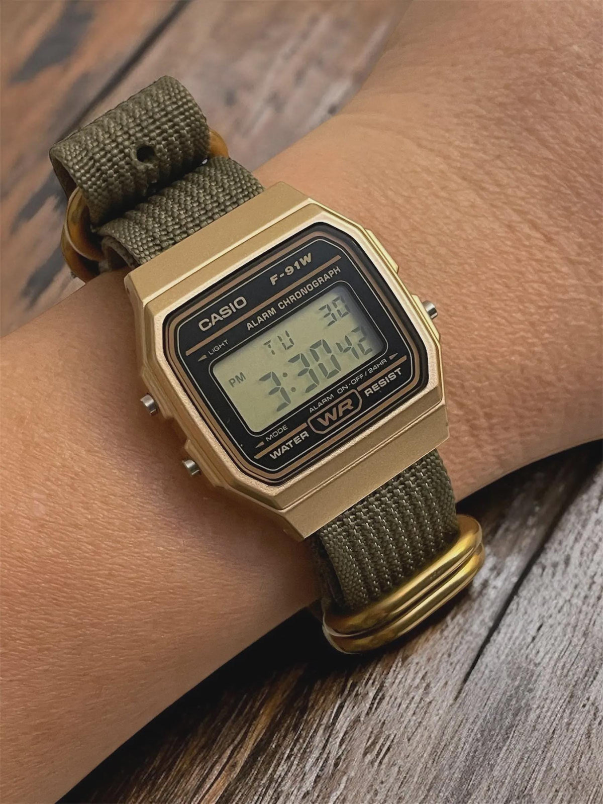Custom Casio F91W Watch, Gold, Army Green NATO Strap