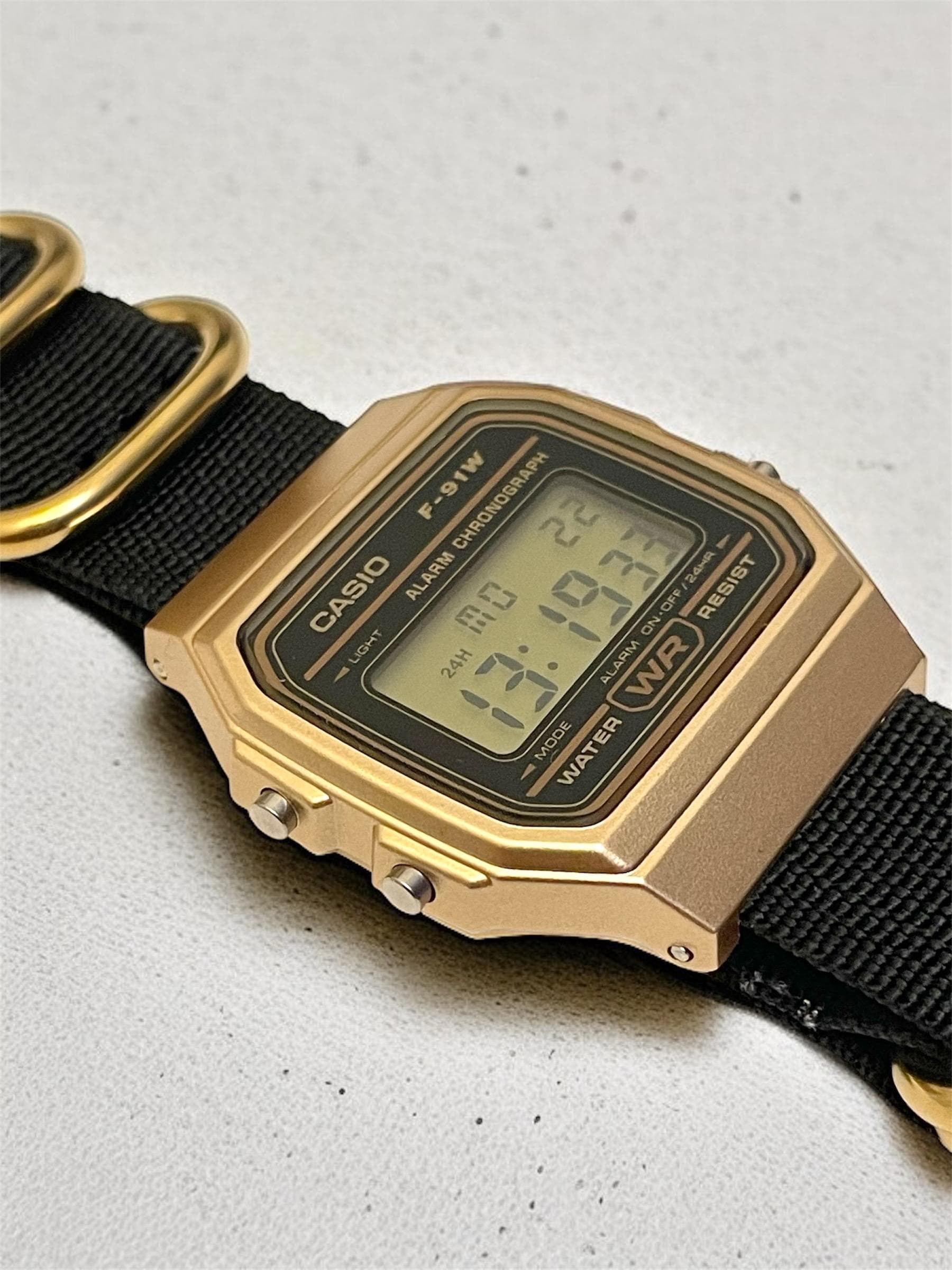 Custom Casio F91W Watch, Gold, Black NATO Strap