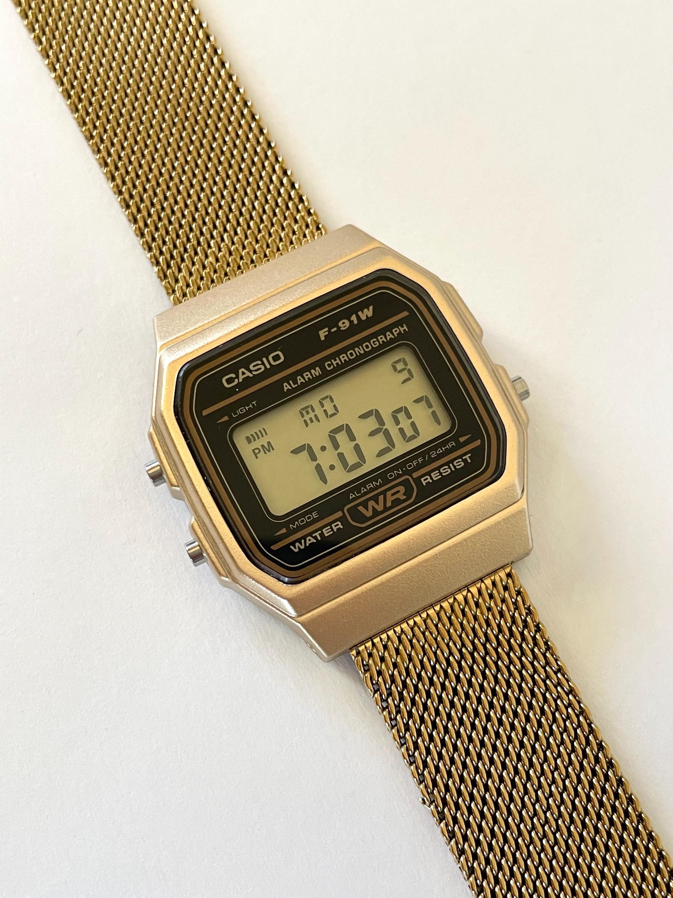 Custom Casio F91W Watch, Gold, Gold Metal Band