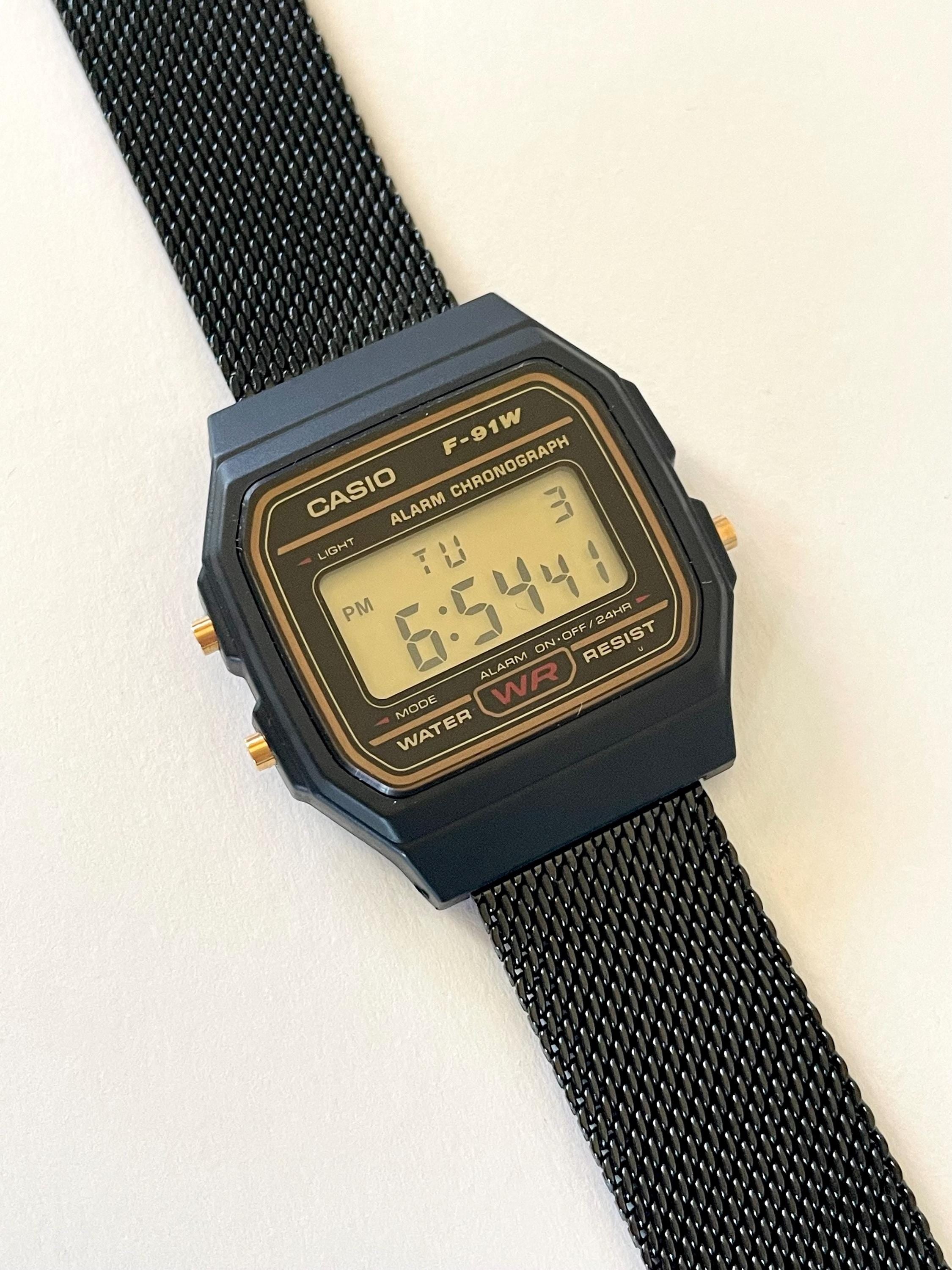 Custom Casio F91W Watch, Black, Black Metal Band