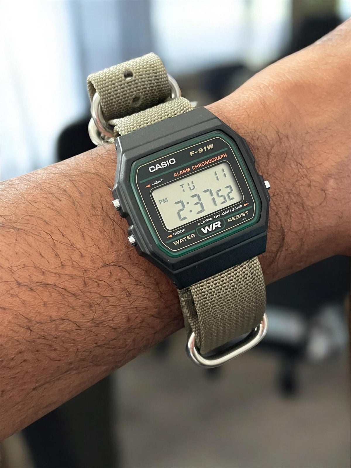 Custom Casio F91W Watch, Black, Army Green Nylon Strap