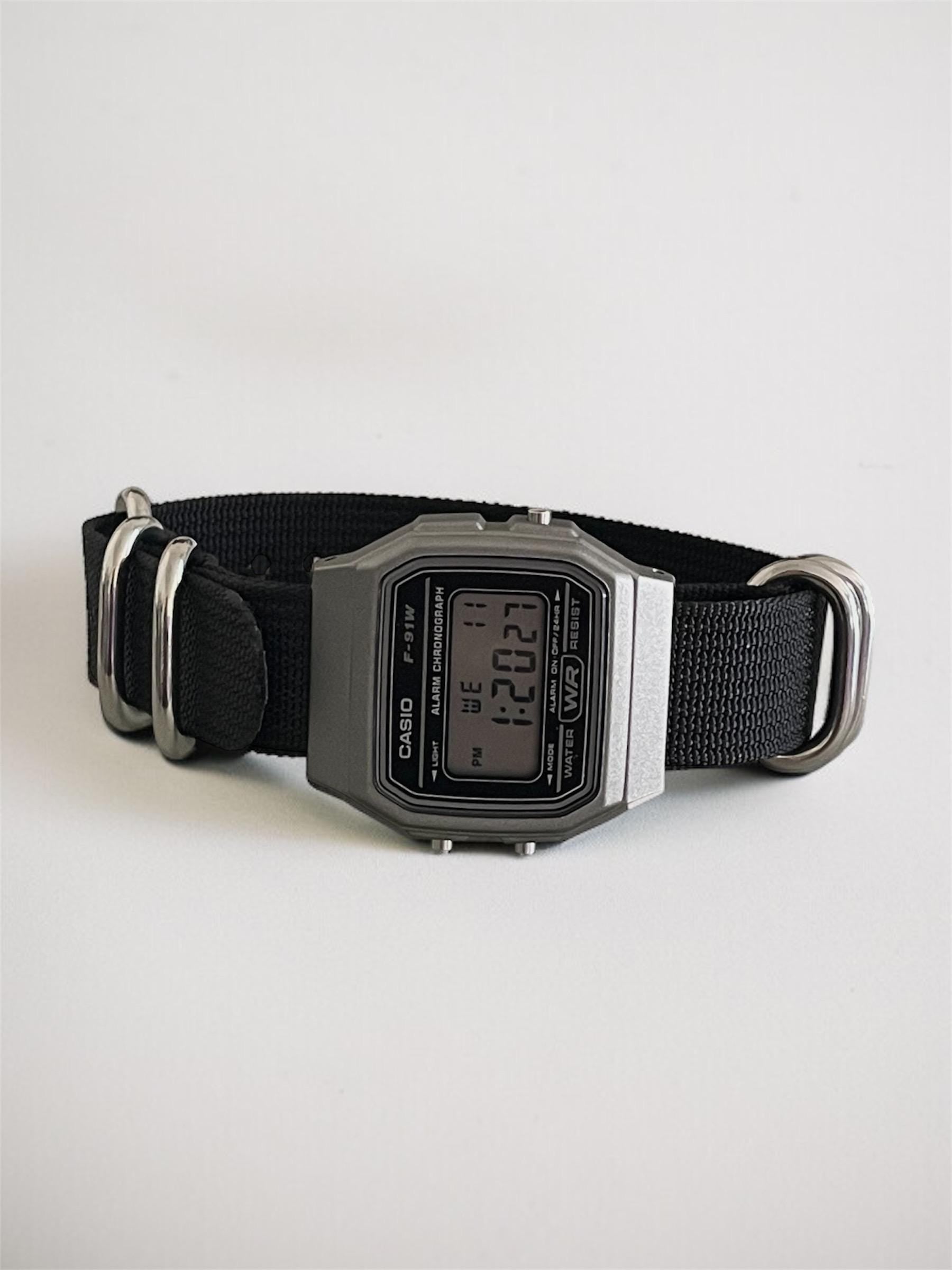 Custom Casio F91W Watch, Dark Silver, Black Nylon Strap