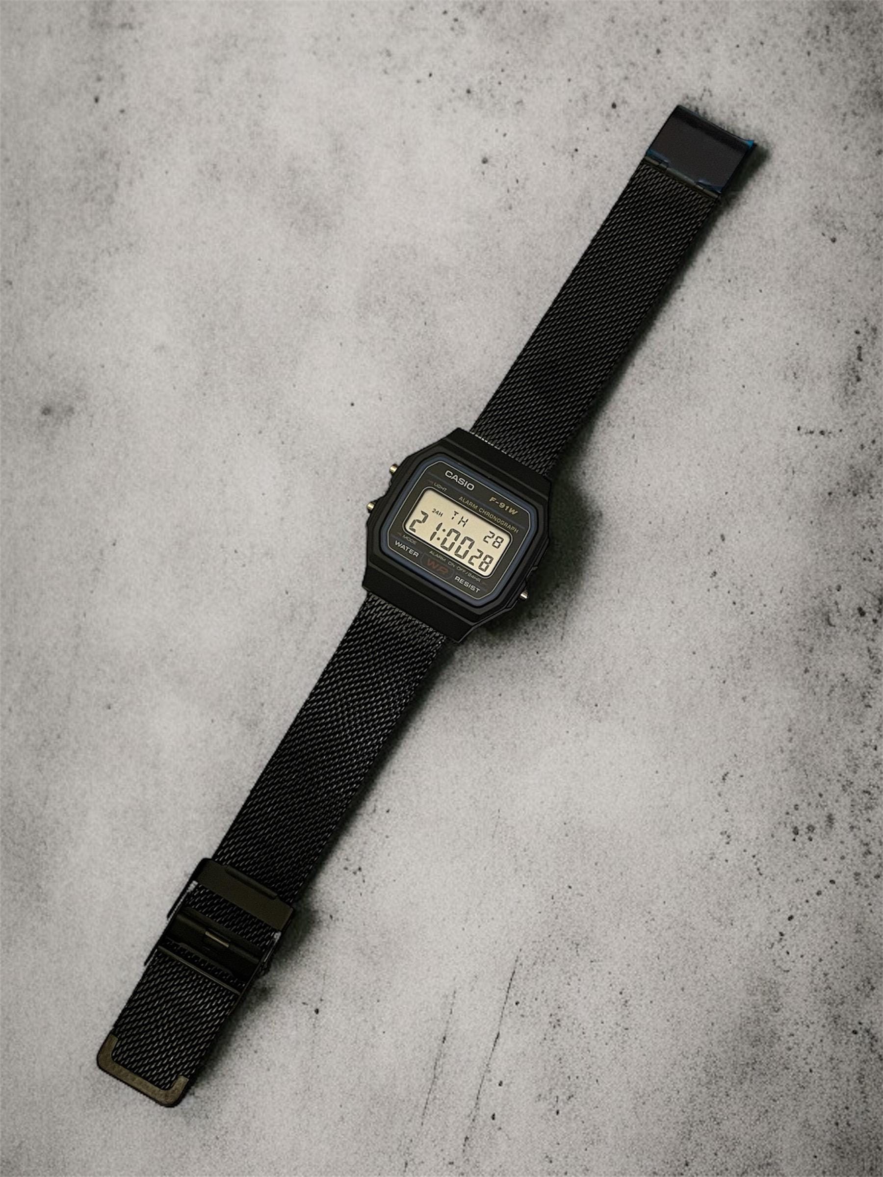 Custom Casio F91W Watch, Black, Black Metal Band