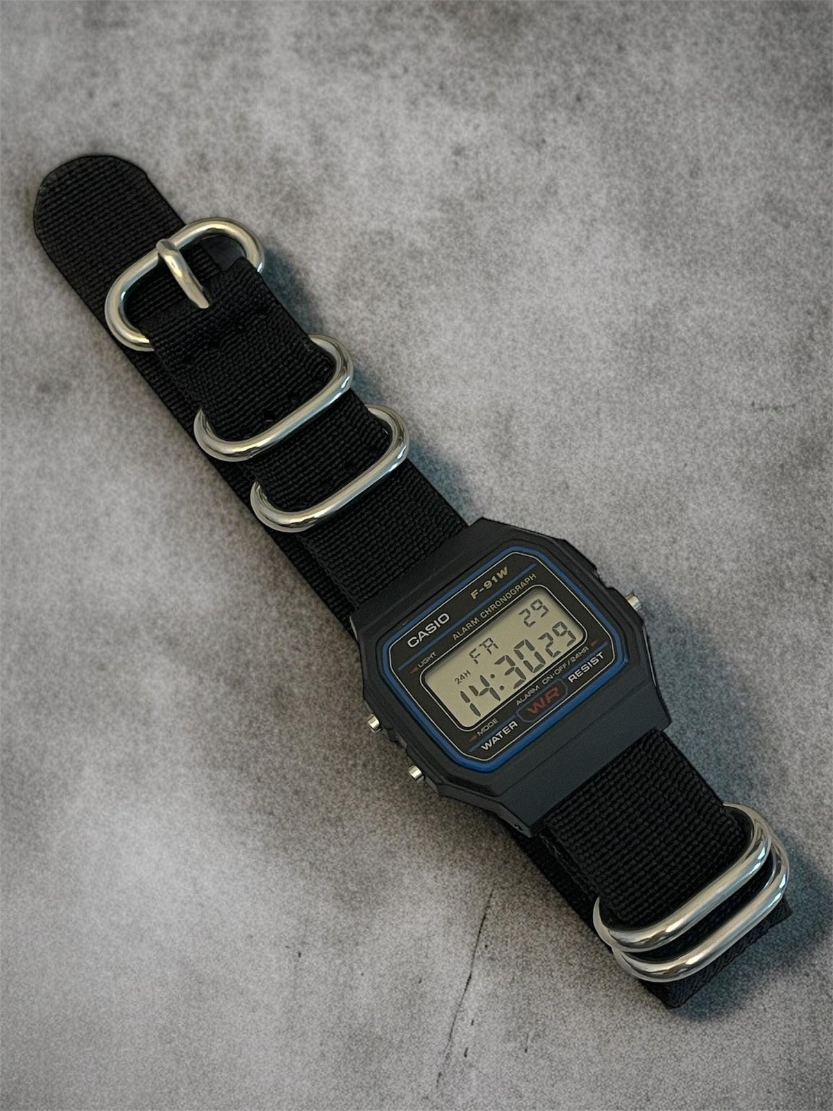 Custom Casio F91W Watch, Black, Black NATO Strap