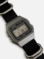 Custom Casio F91W Watch, Dark Silver, Black Nylon Strap