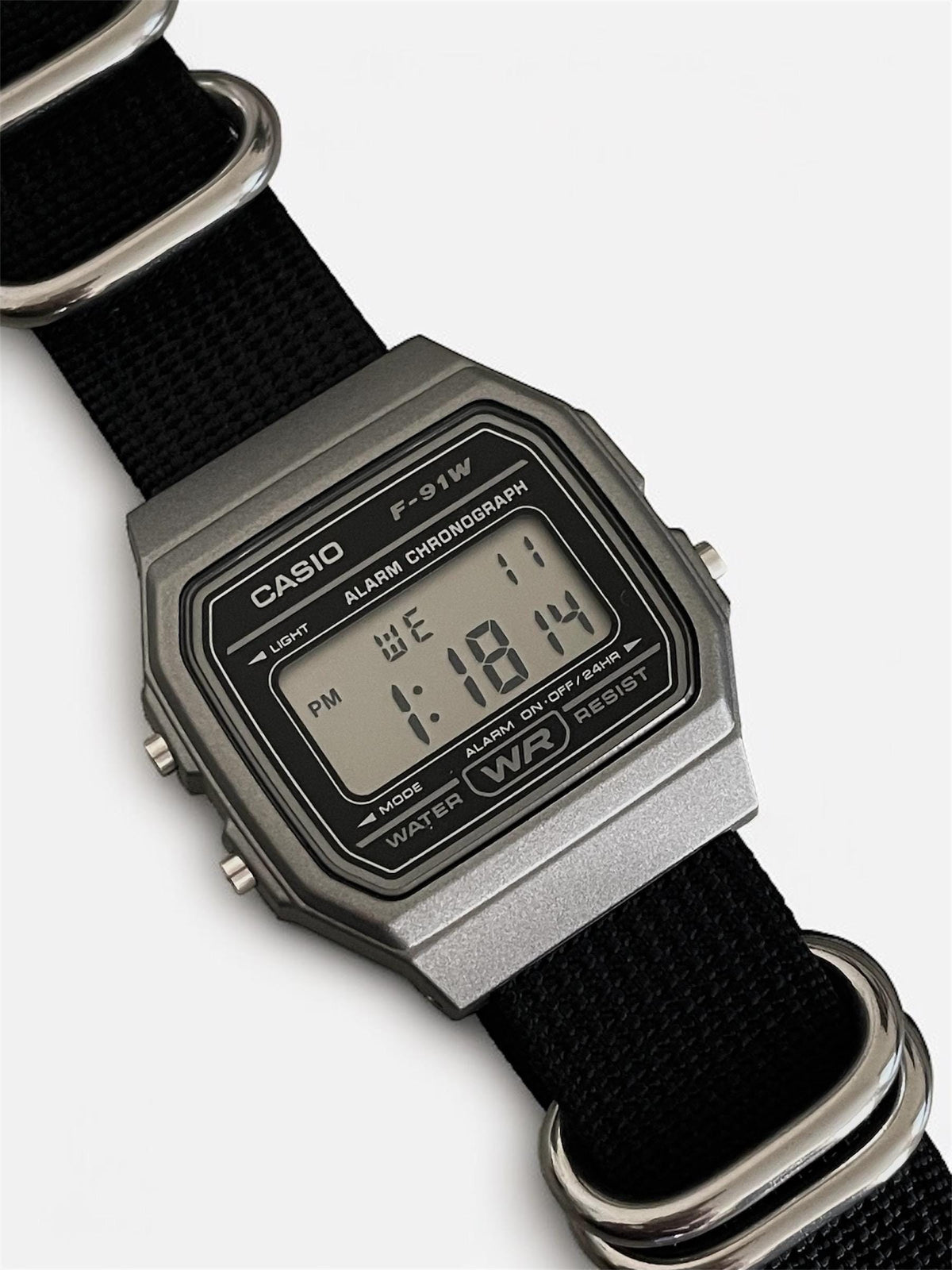 Custom Casio F91W Watch, Dark Silver, Black Nylon Strap
