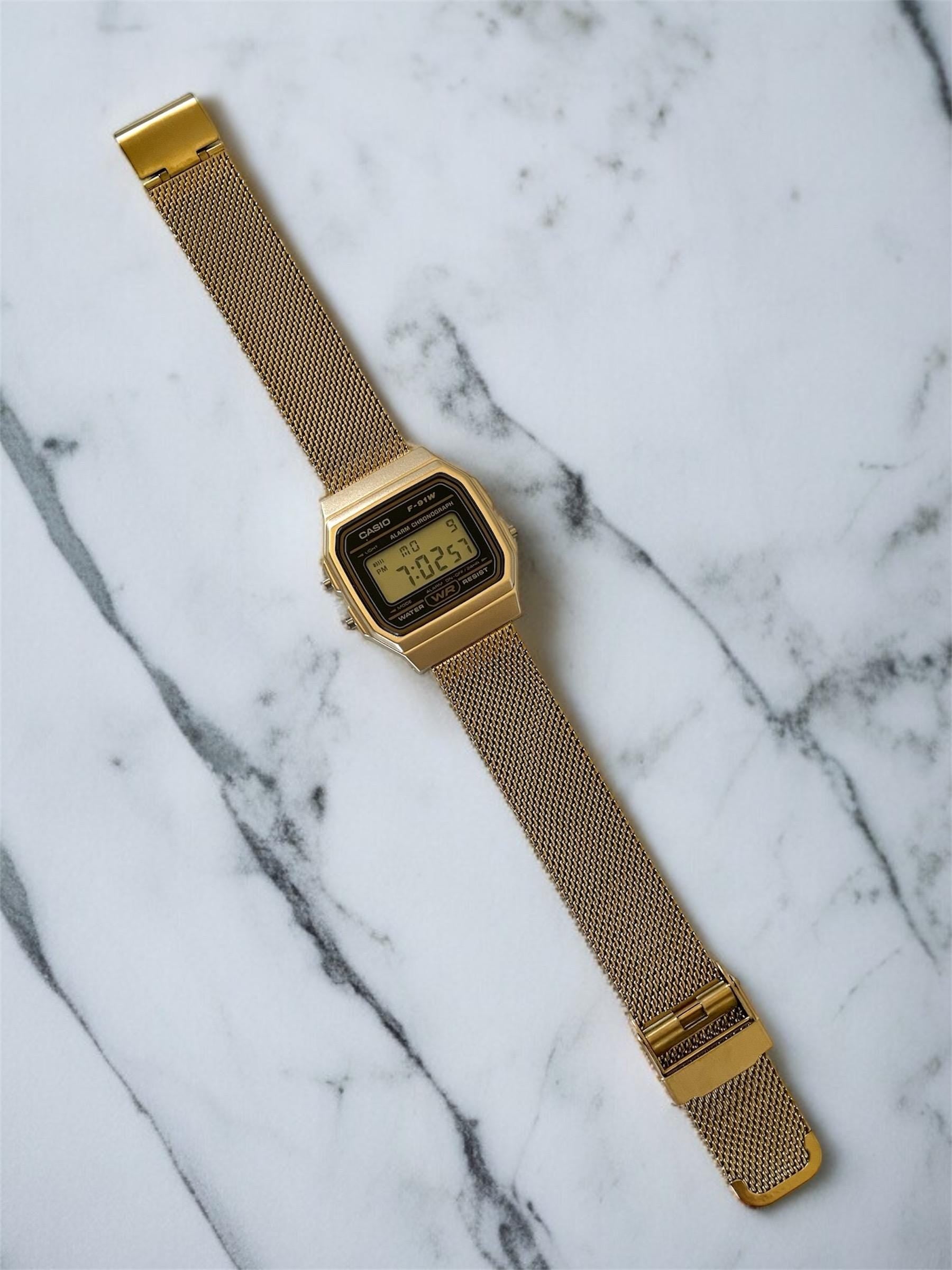 Custom Casio F91W Watch, Gold, Gold Metal Band