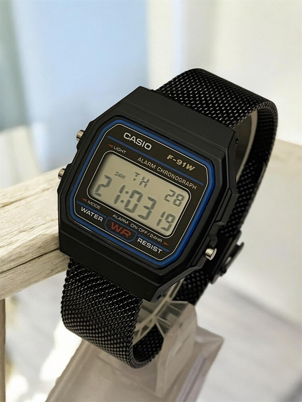 Custom Casio F91W Watch, Black, Black Metal Band