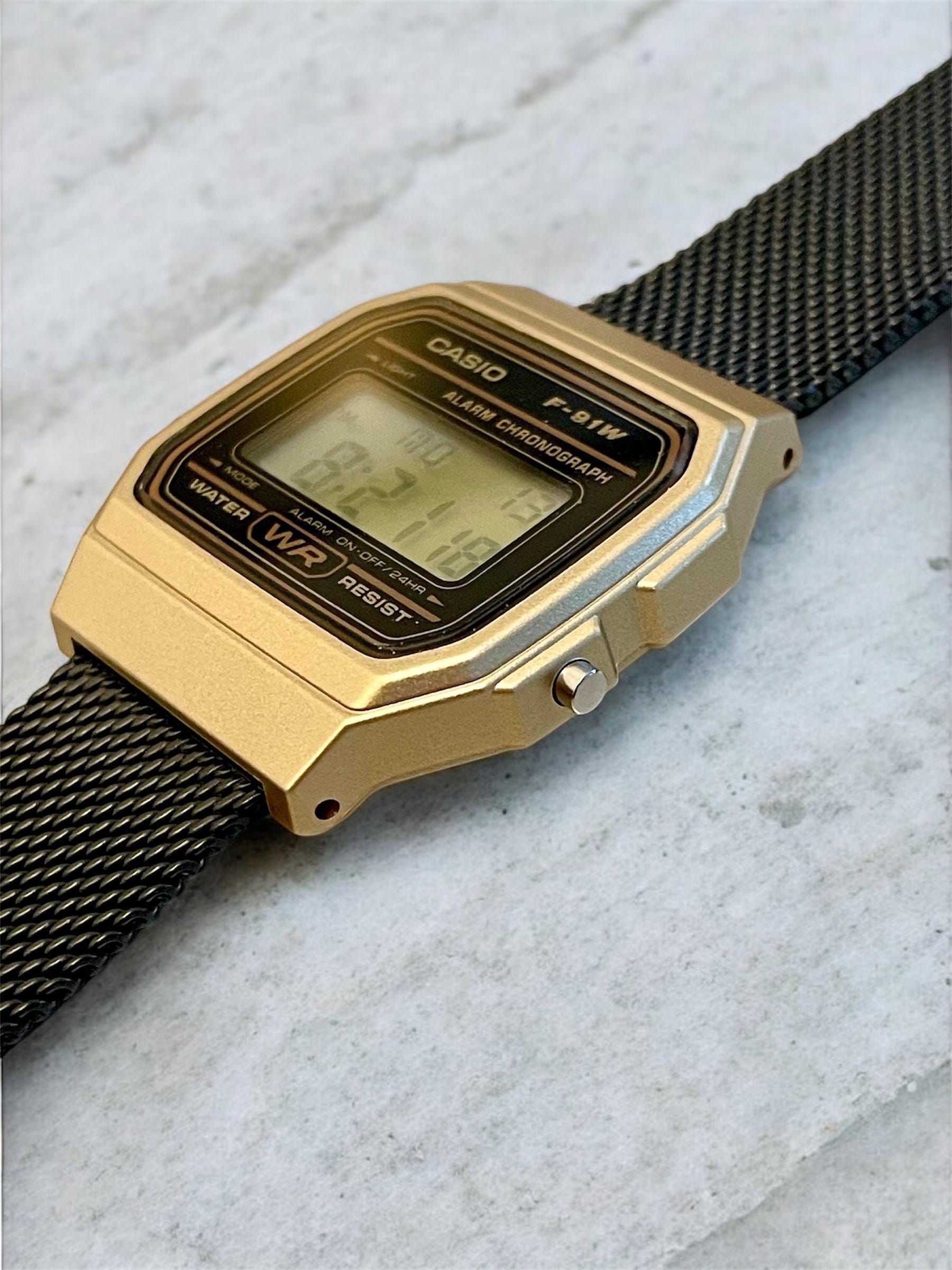 Custom Casio F91W Watch, Gold, Black Metal Band