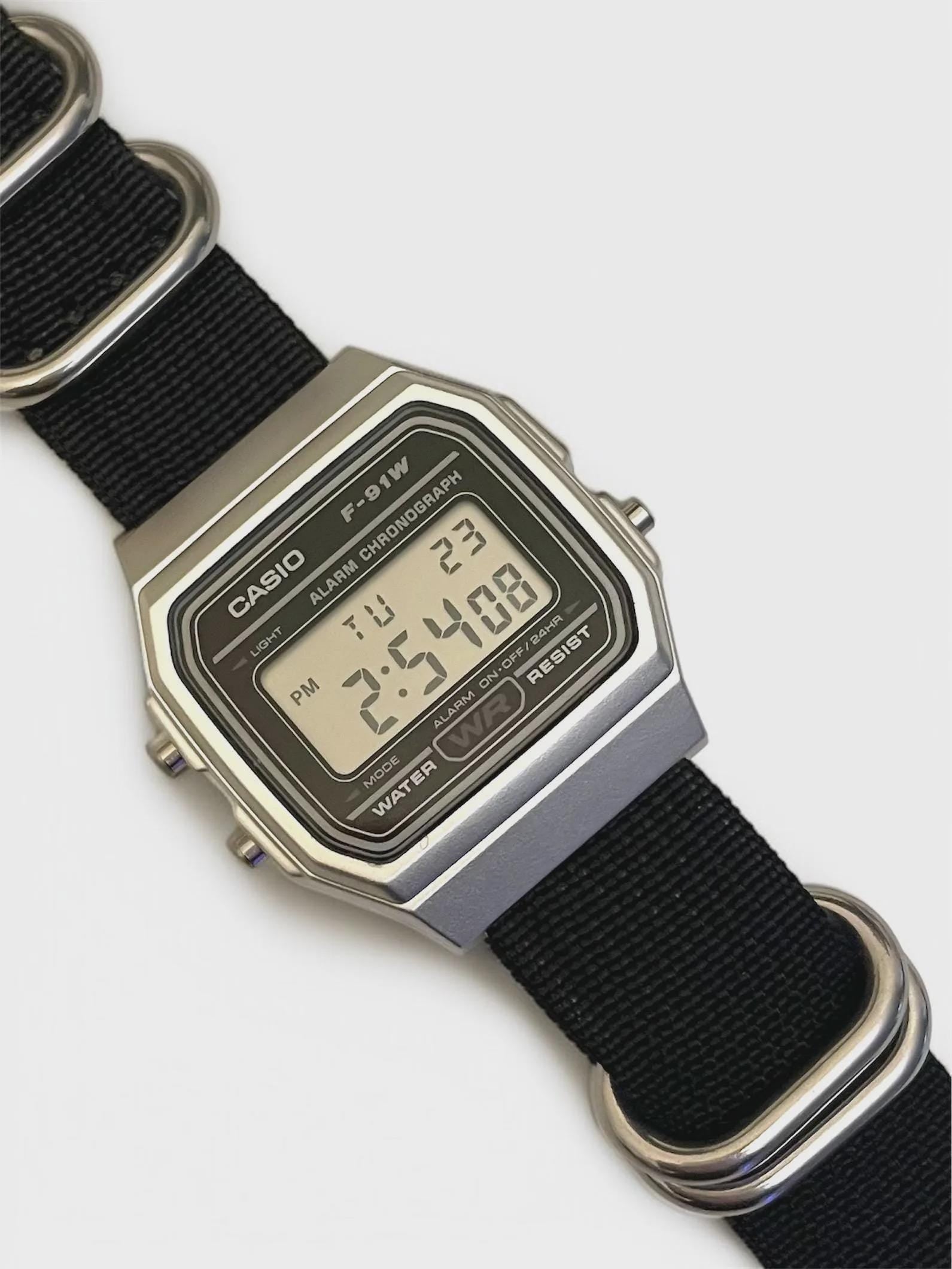 Custom Casio F91W Watch, Silver, Black NATO Strap