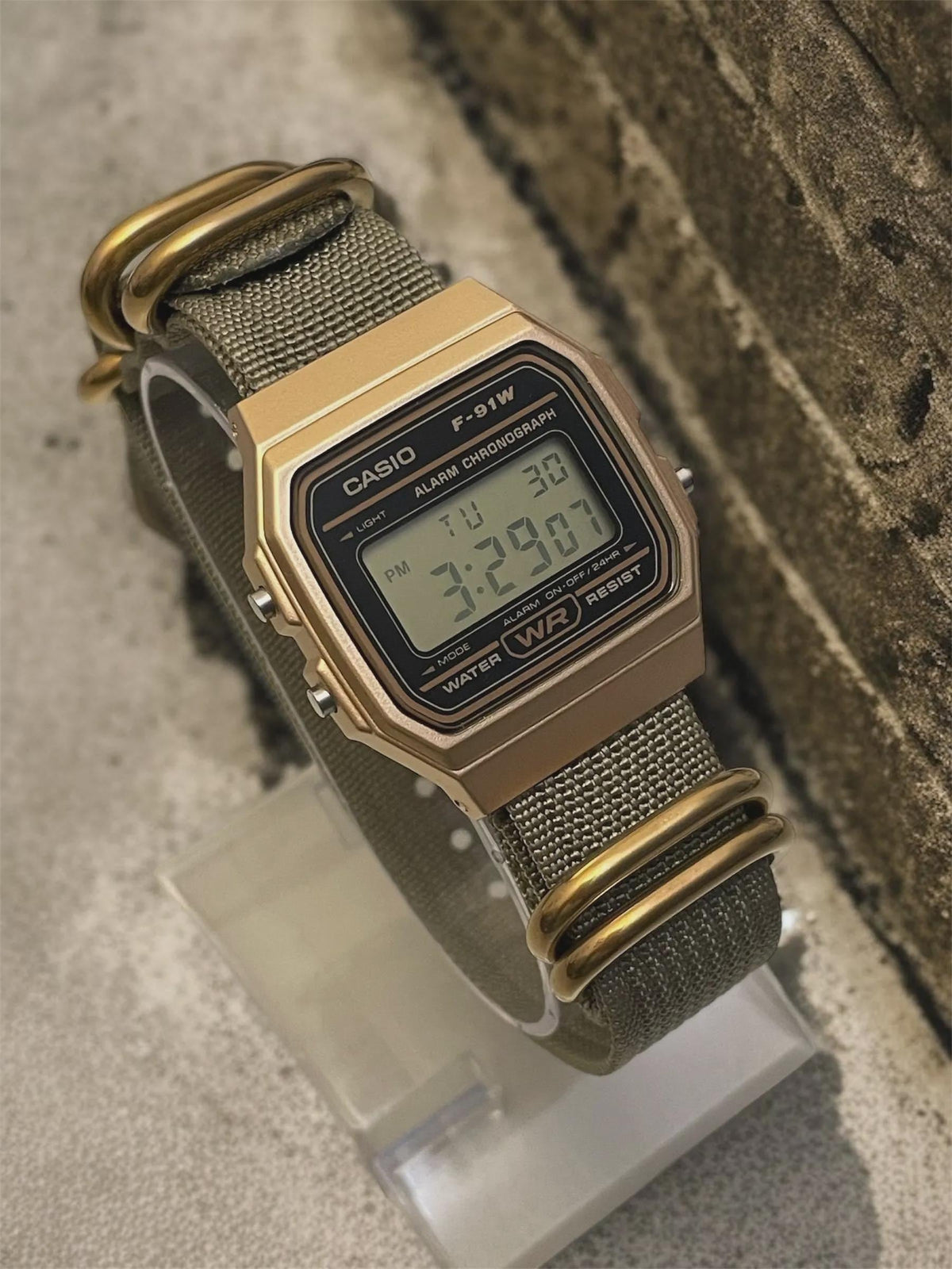 Custom Casio F91W Watch, Gold, Army Green NATO Strap