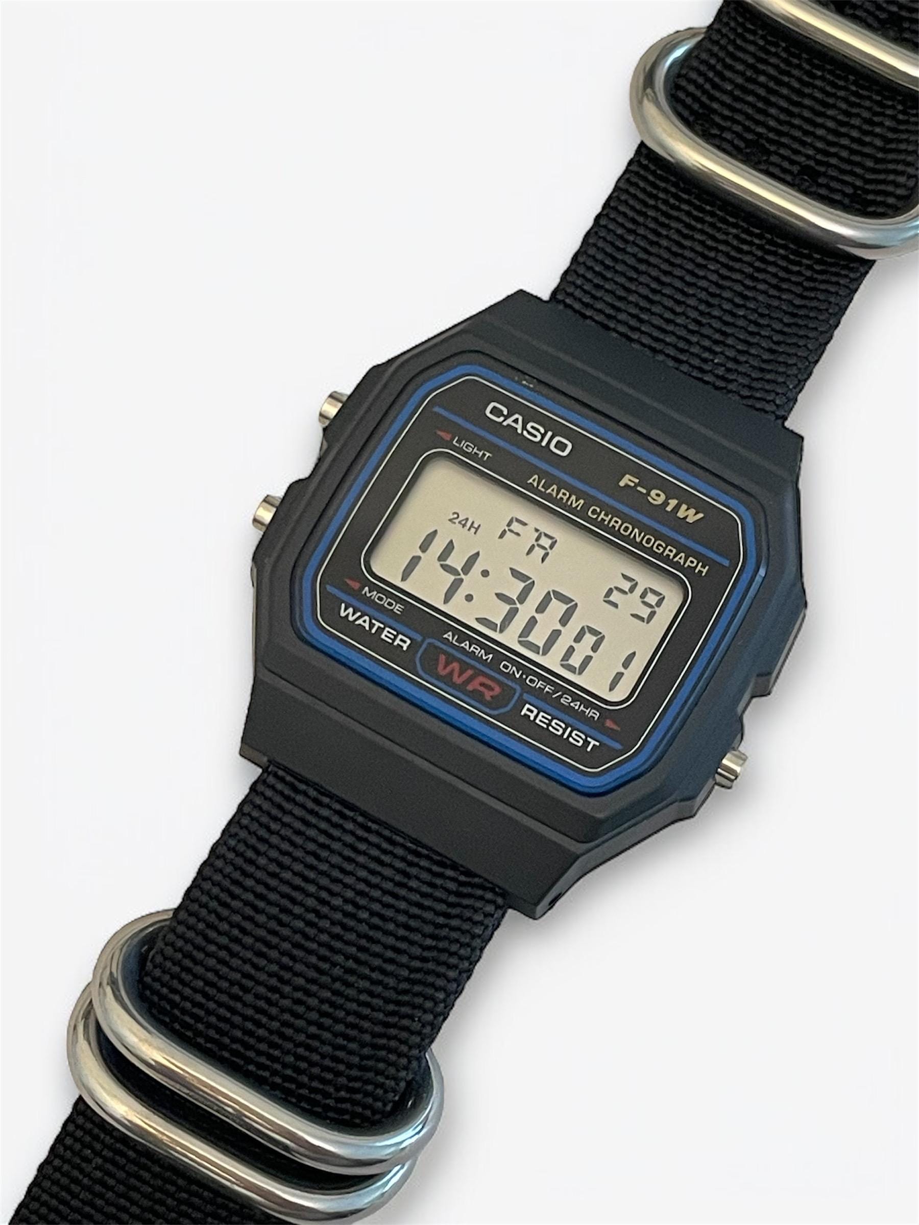 Custom Casio F91W Watch, Black, Black NATO Strap