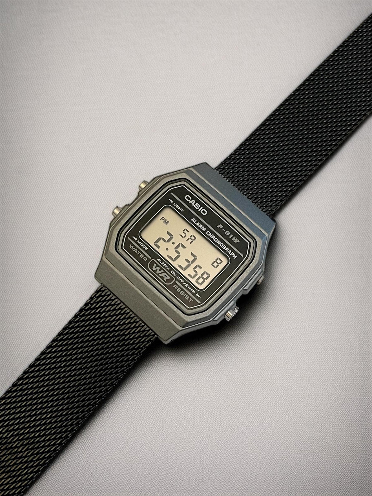 Custom Casio F91W Watch, Dark Silver, Black Metal Band
