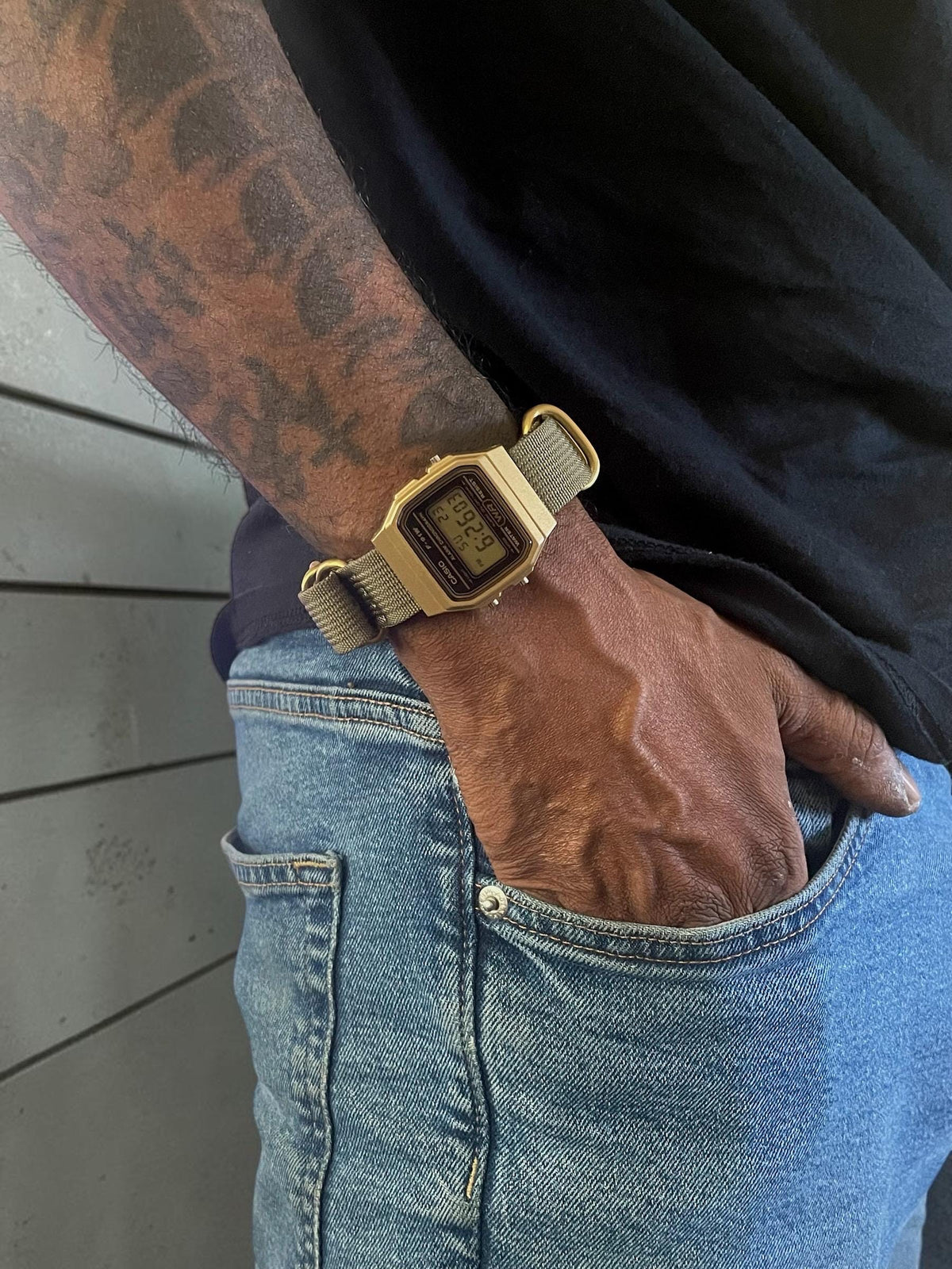 Custom Casio F91W Watch, Gold, Army Green NATO Strap