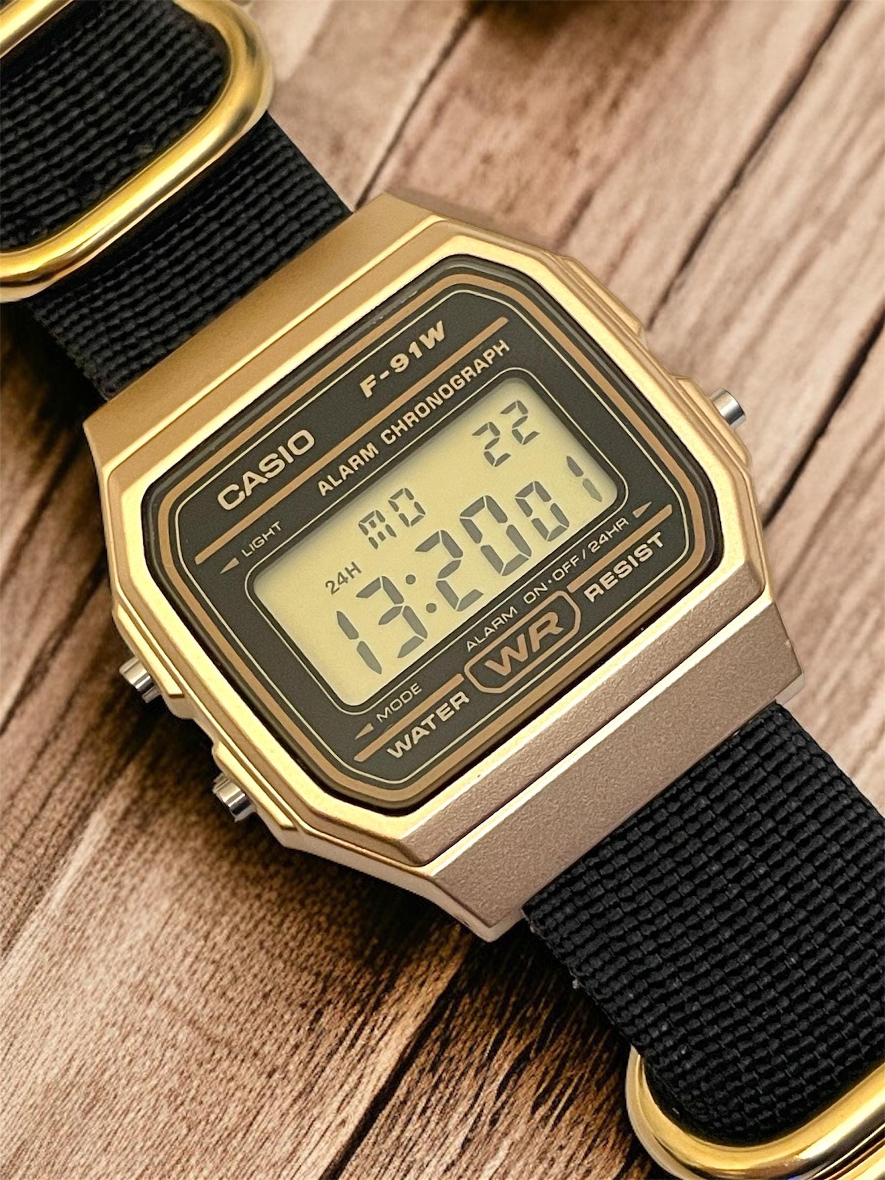 Custom Casio F91W Watch, Gold, Black NATO Strap