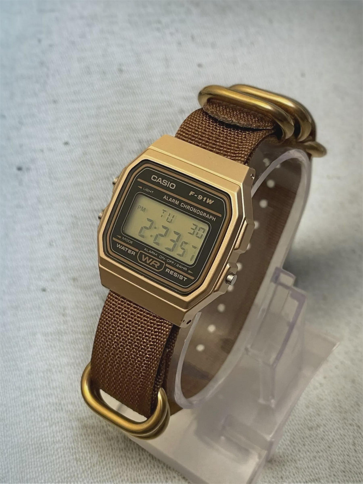Custom Casio F91W Watch, Gold, Brown NATO Strap