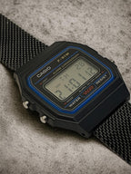 Custom Casio F91W Watch, Black, Black Metal Band
