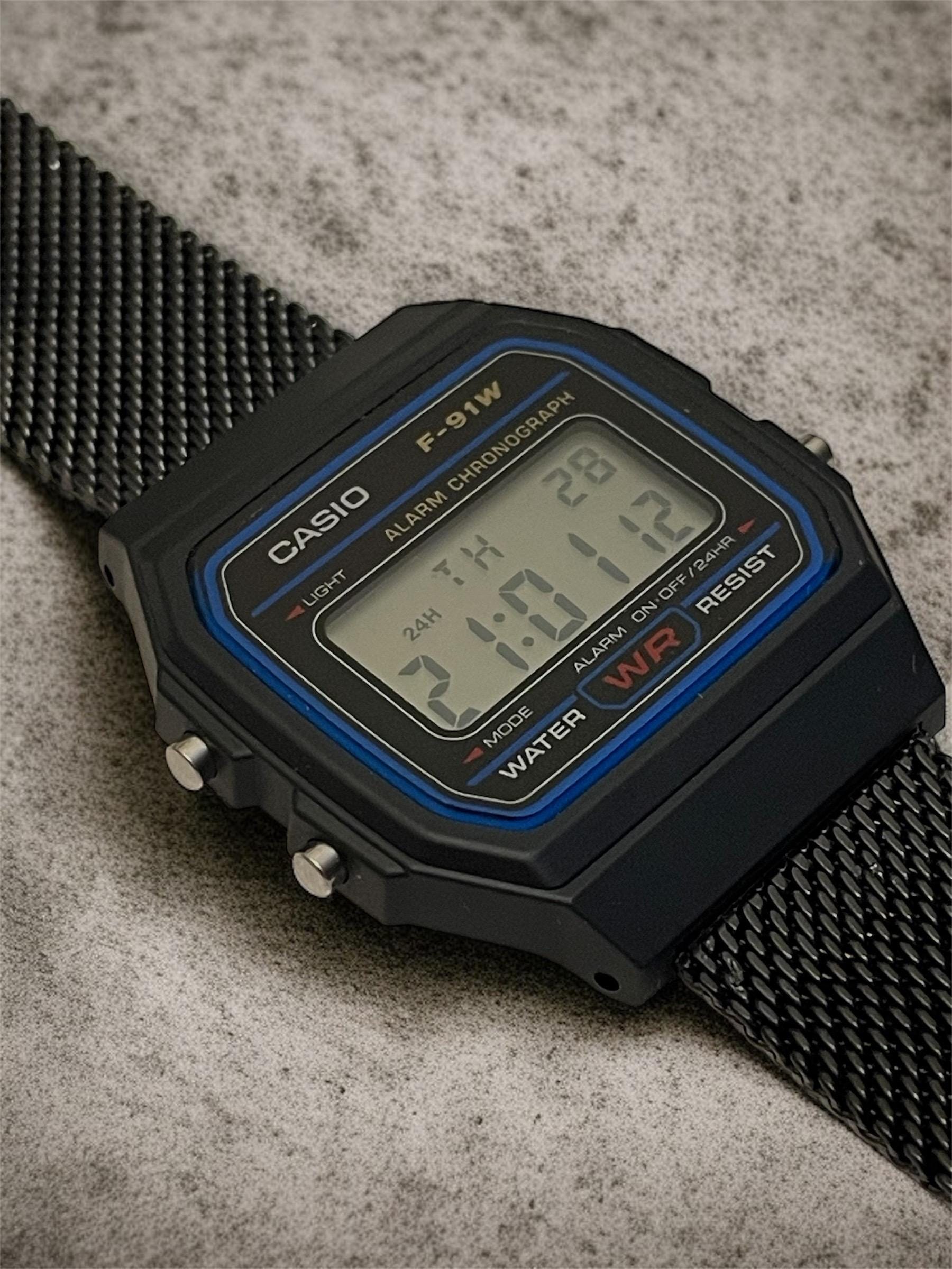 Custom Casio F91W Watch, Black, Black Metal Band
