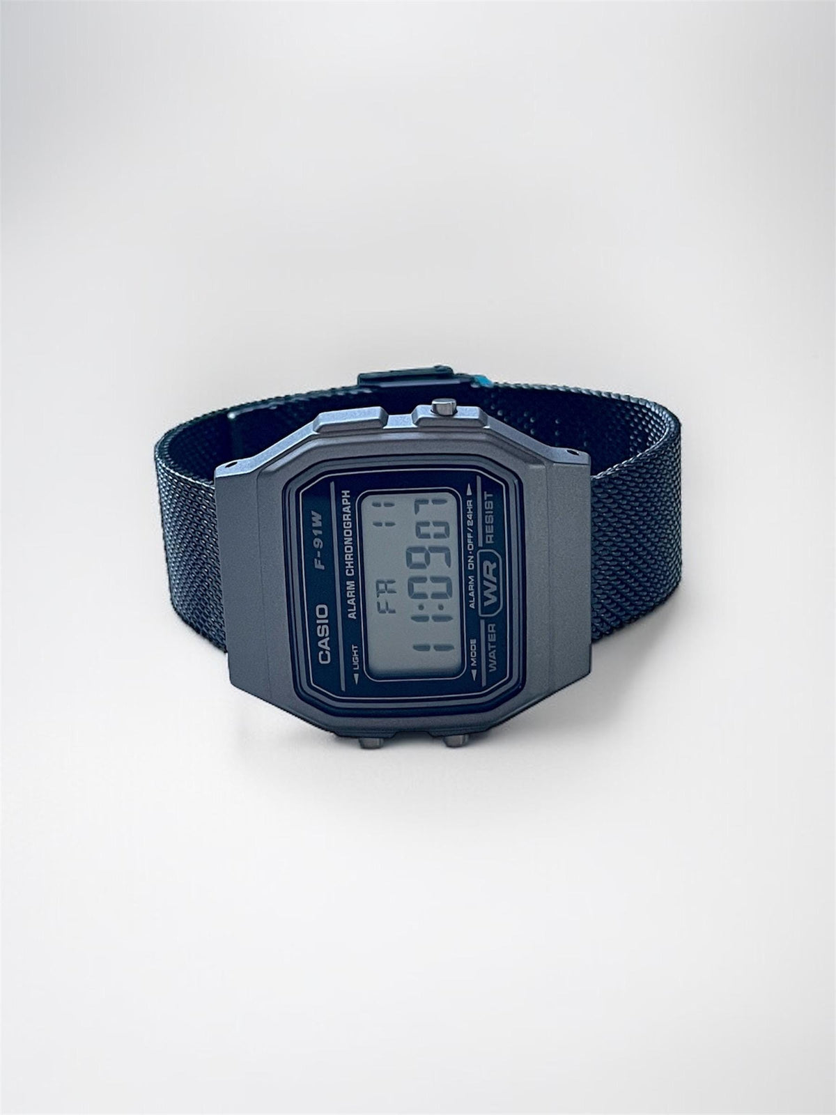 Custom Casio F91W Watch, Dark Silver, Black Metal Band