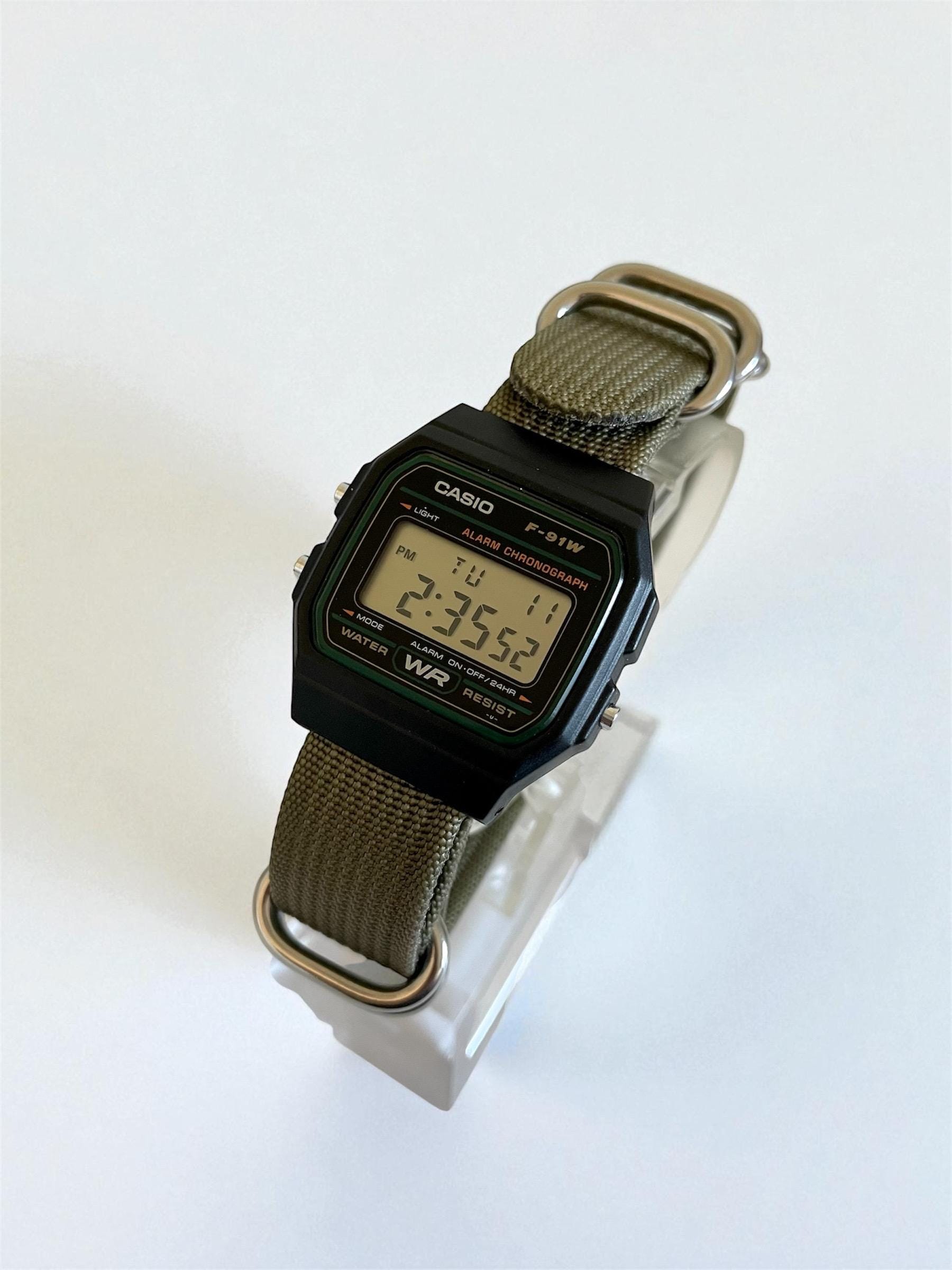 Custom Casio F91W Watch, Black, Army Green Nylon Strap