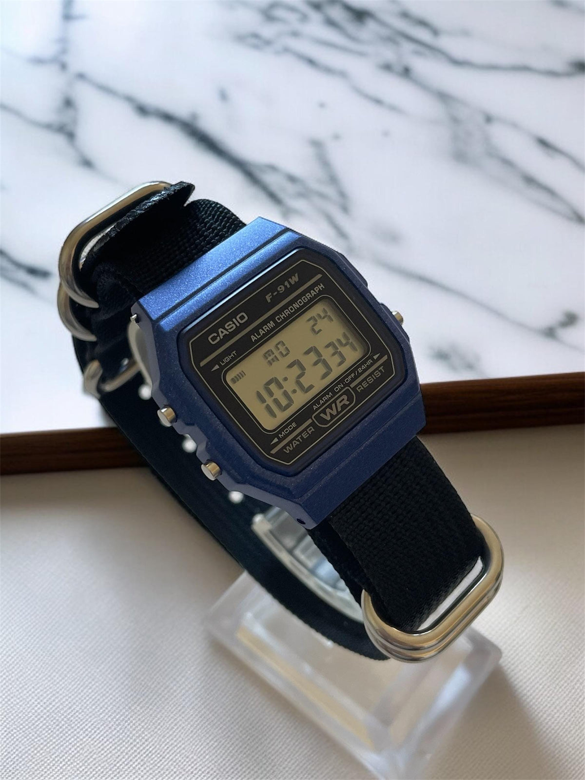 Custom Casio F91W Watch, Blue, Black NATO Strap