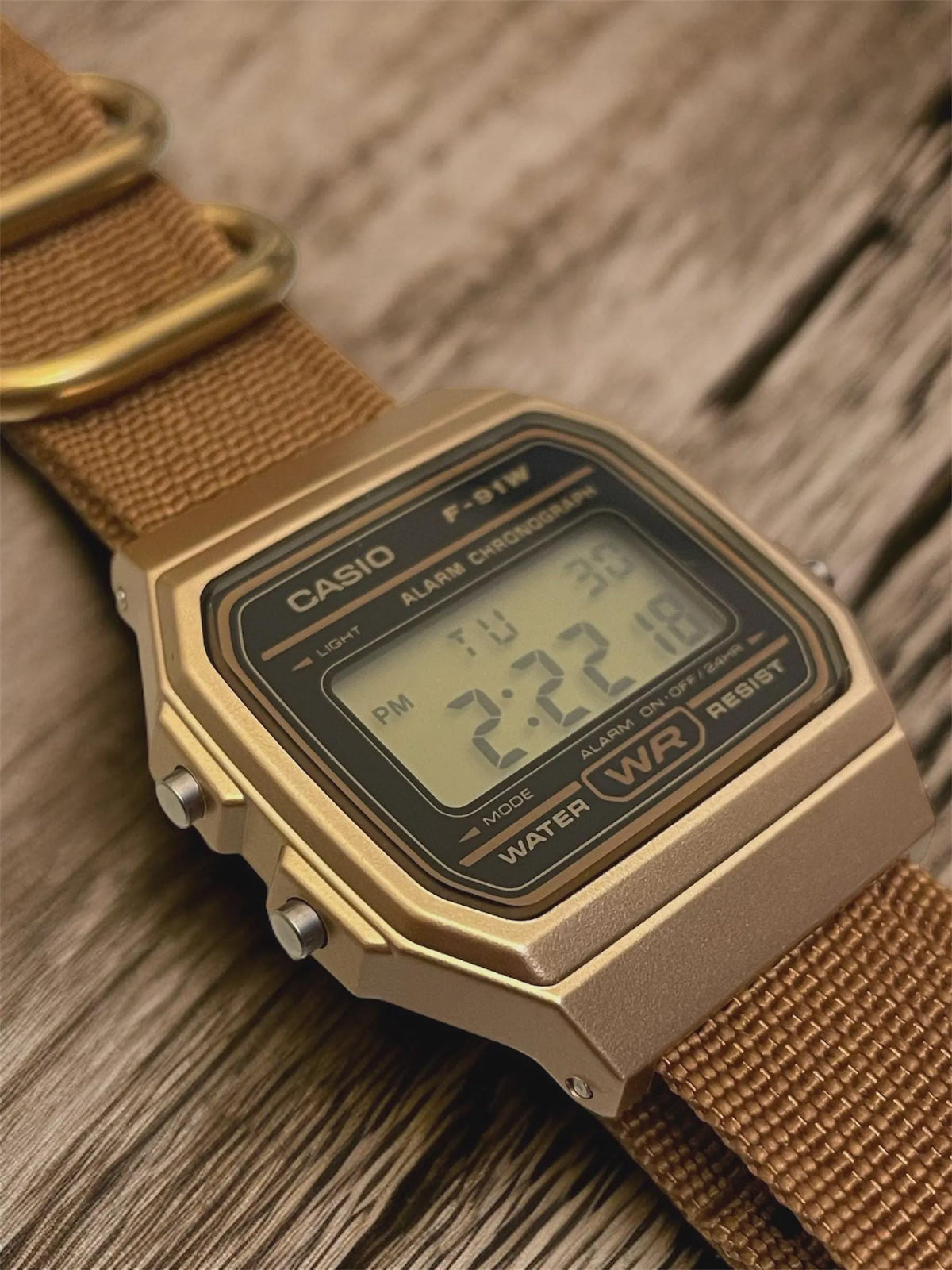 Custom Casio F91W Watch, Gold, Brown NATO Strap