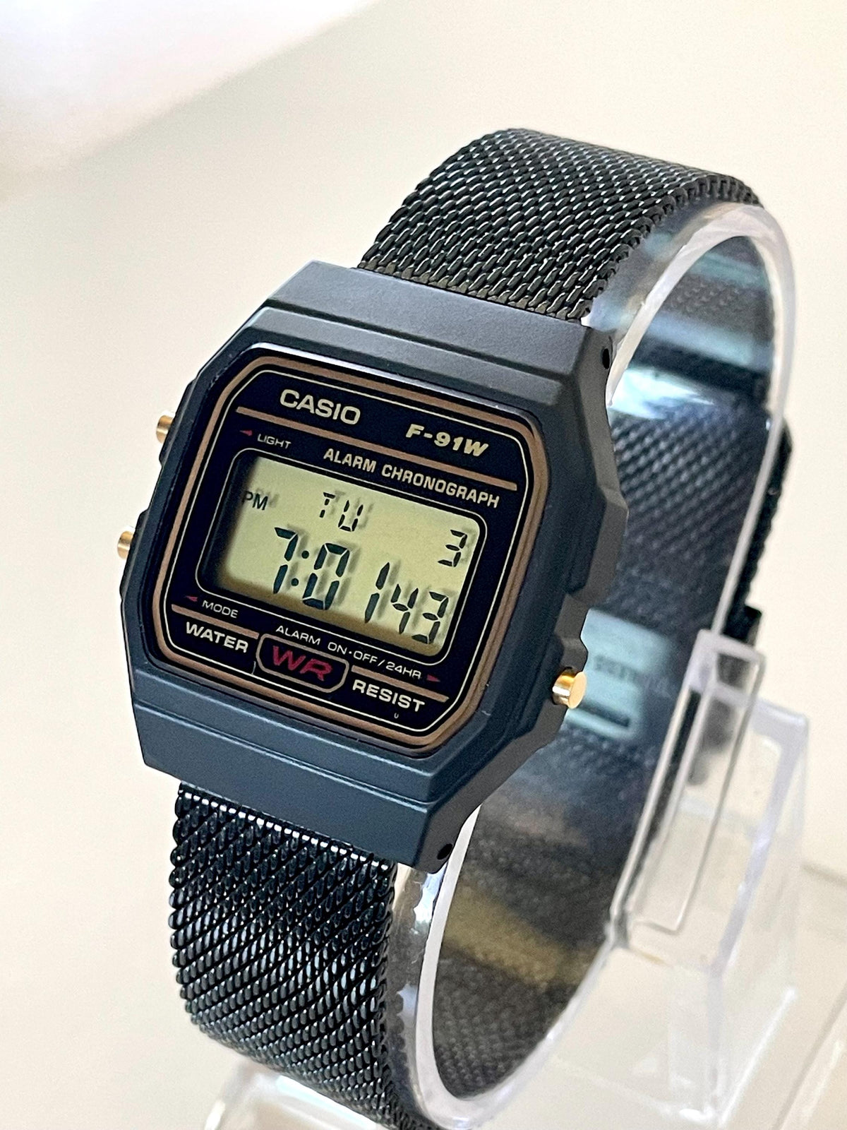 Custom Casio F91W Watch, Black, Black Metal Band