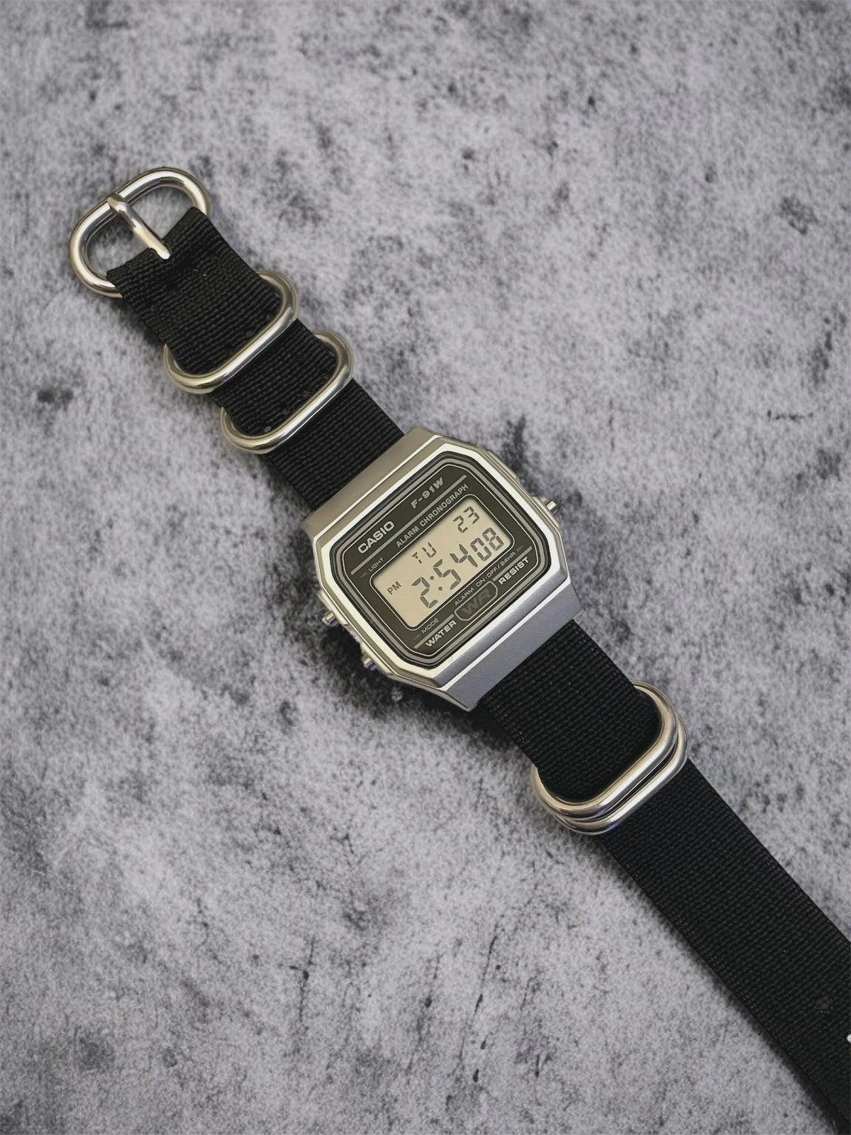 Custom Casio F91W Watch, Silver, Black NATO Strap