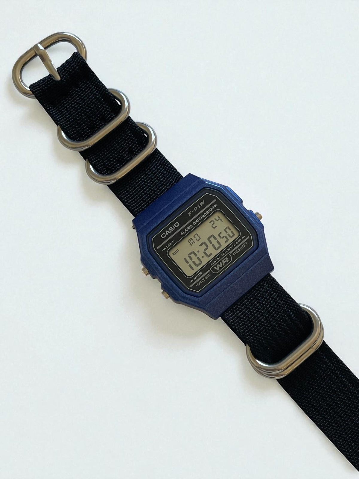 Custom Casio F91W Watch, Blue, Black NATO Strap