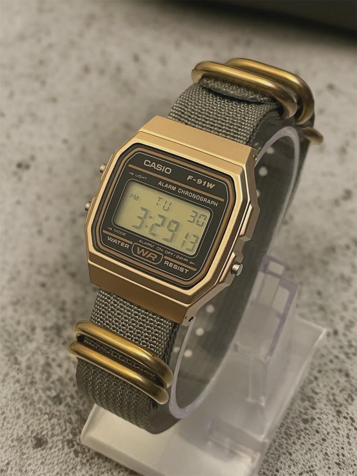 Custom Casio F91W Watch, Gold, Army Green NATO Strap