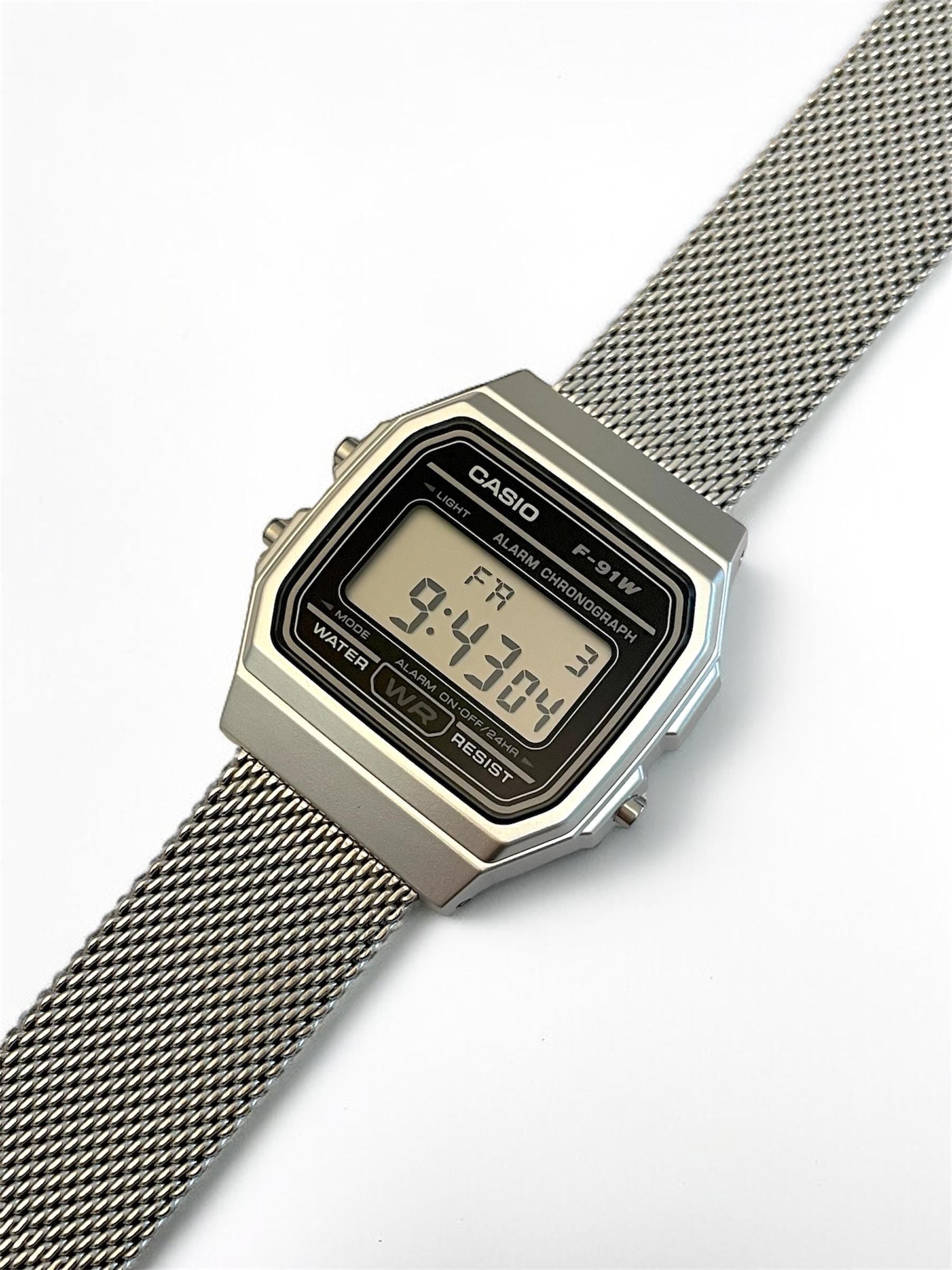 Custom Casio F91W Watch, Silver, Silver Metal Band