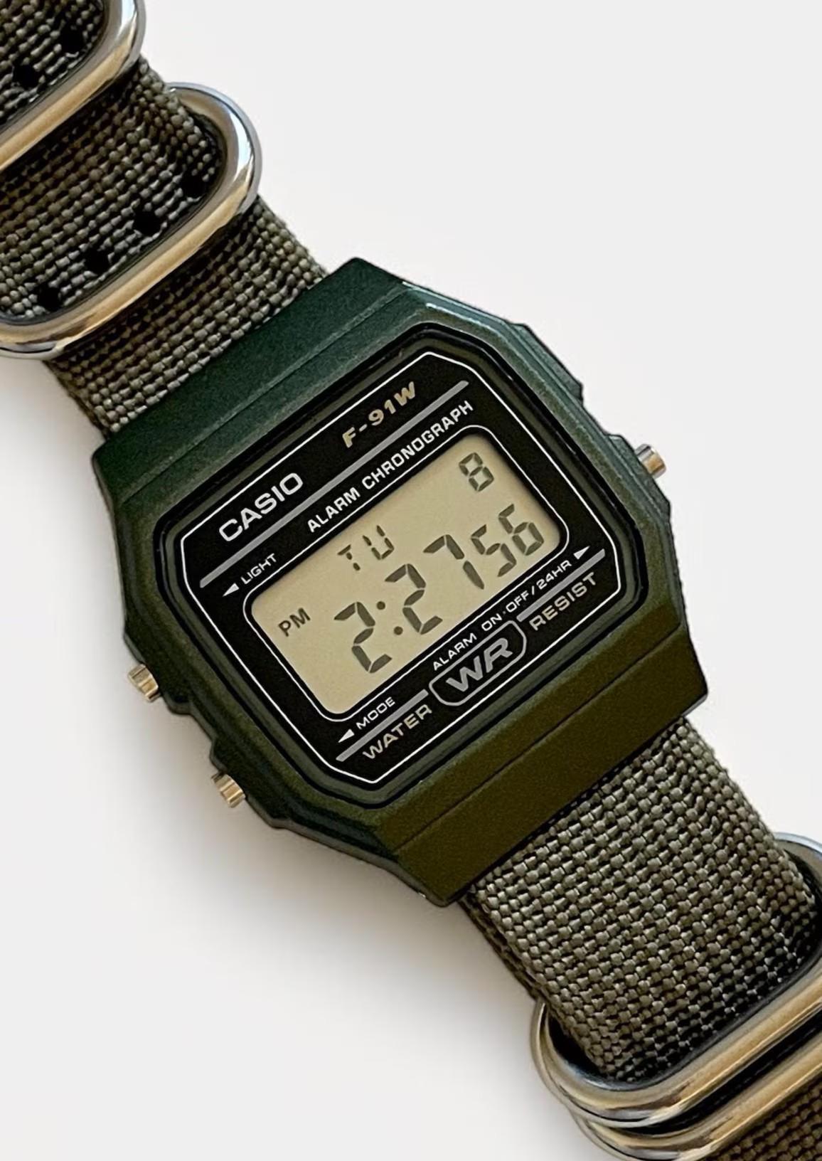 Custom Casio F91W Watch, Green, Army Green NATO Strap