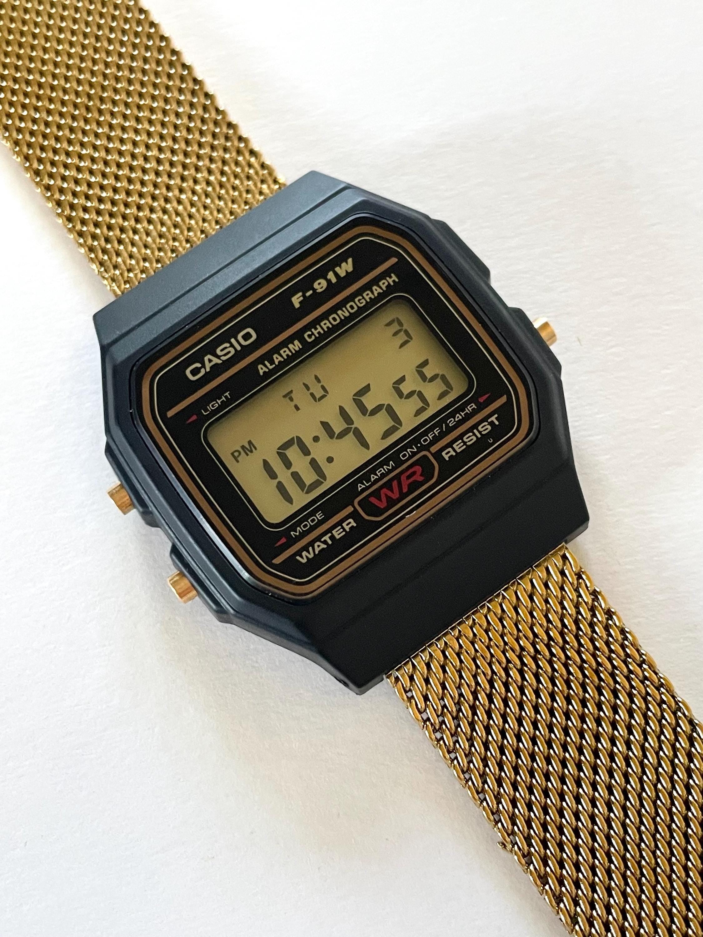 Custom Casio F91W, Black, Gold Metal Band