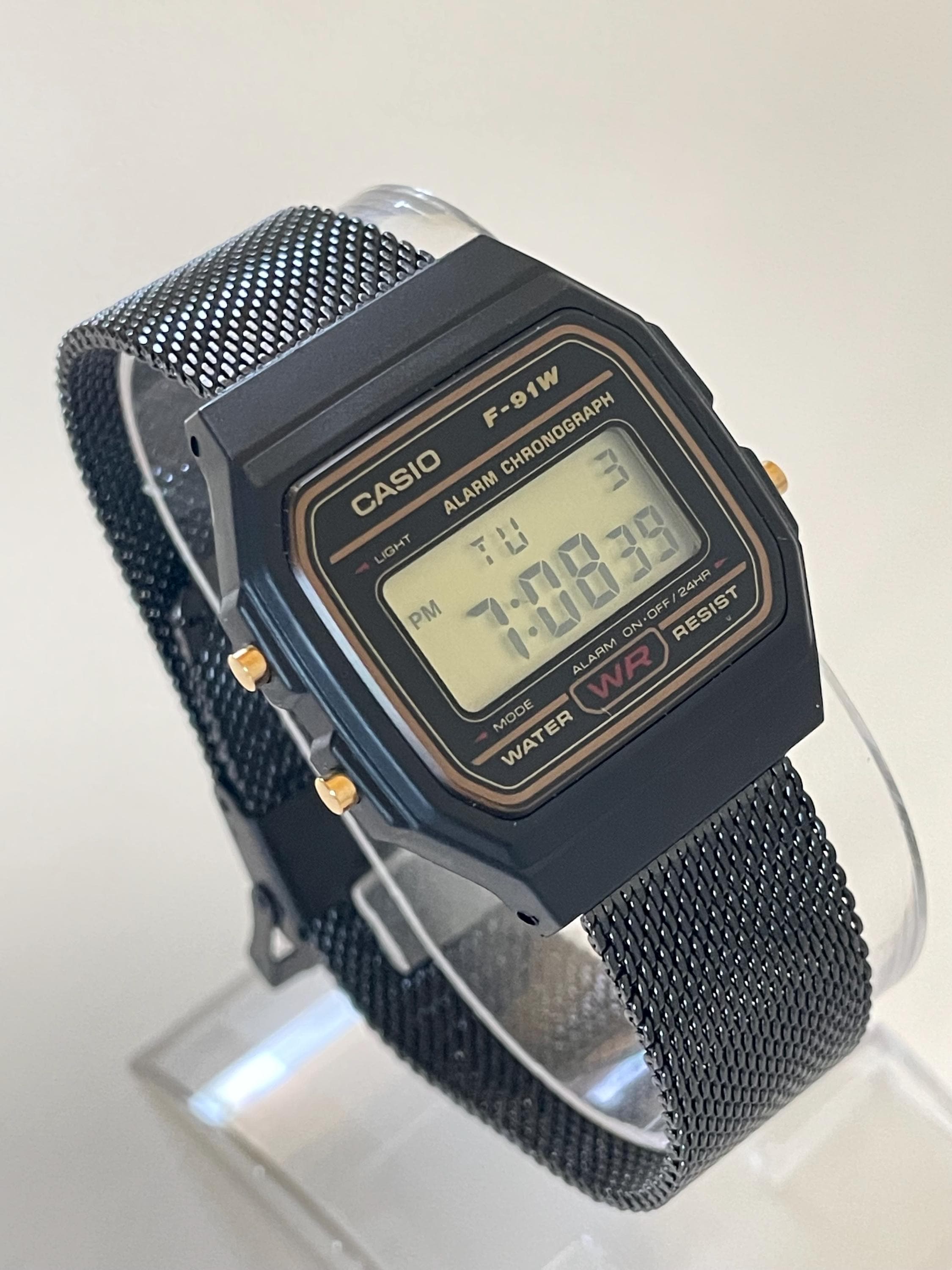 Custom Casio F91W Watch, Black, Black Metal Band