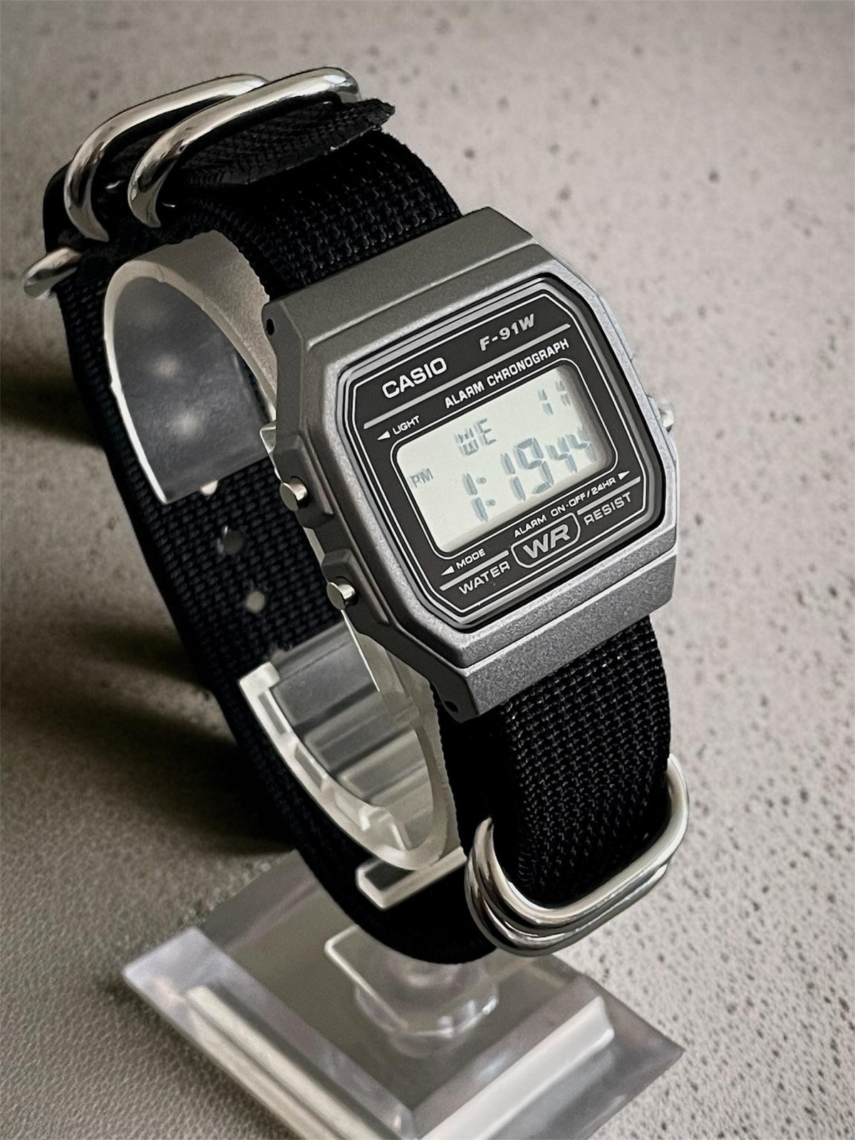 Custom Casio F91W Watch, Dark Silver, Black Nylon Strap