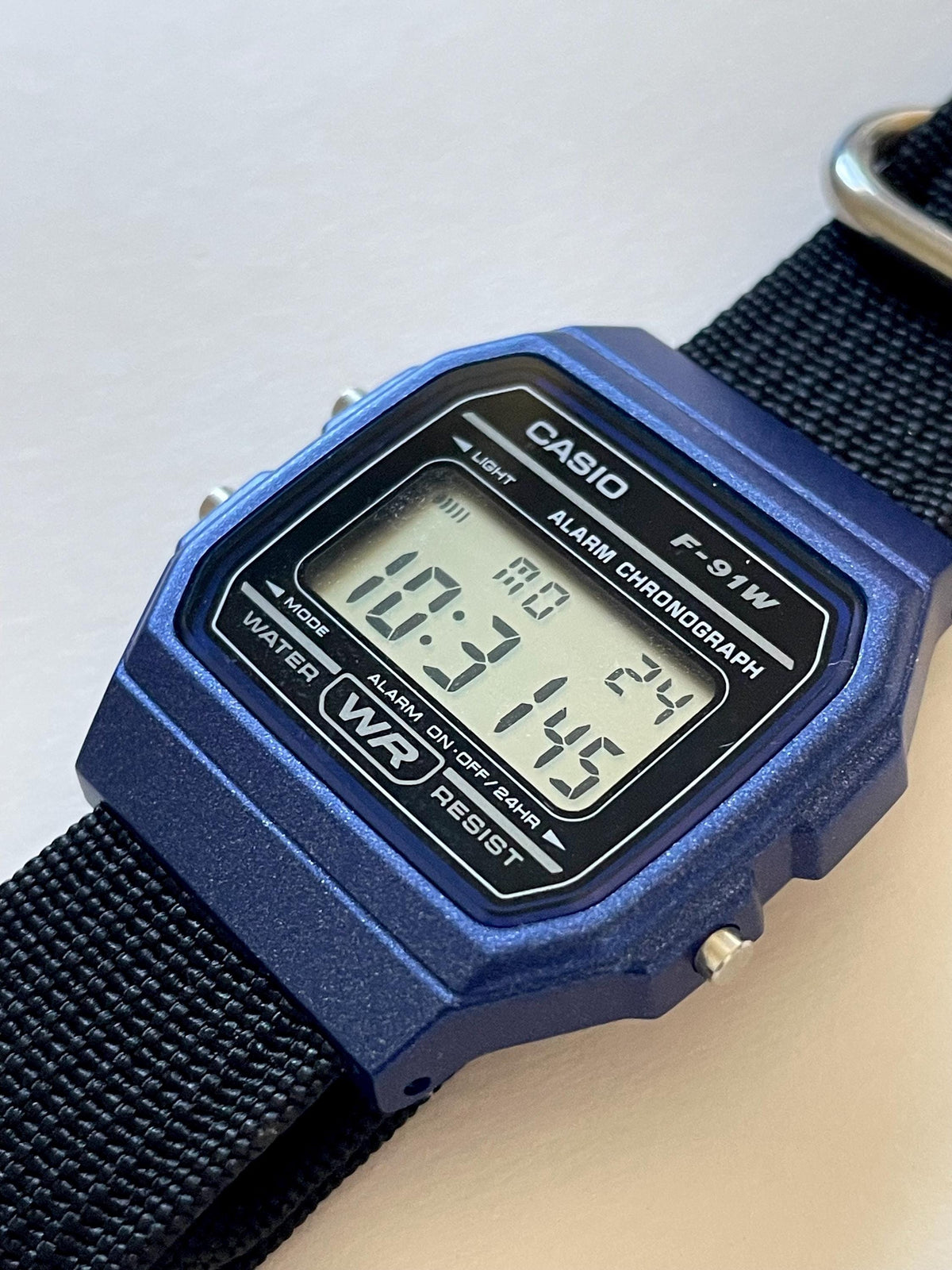 Custom Casio F91W Watch, Blue, Black NATO Strap