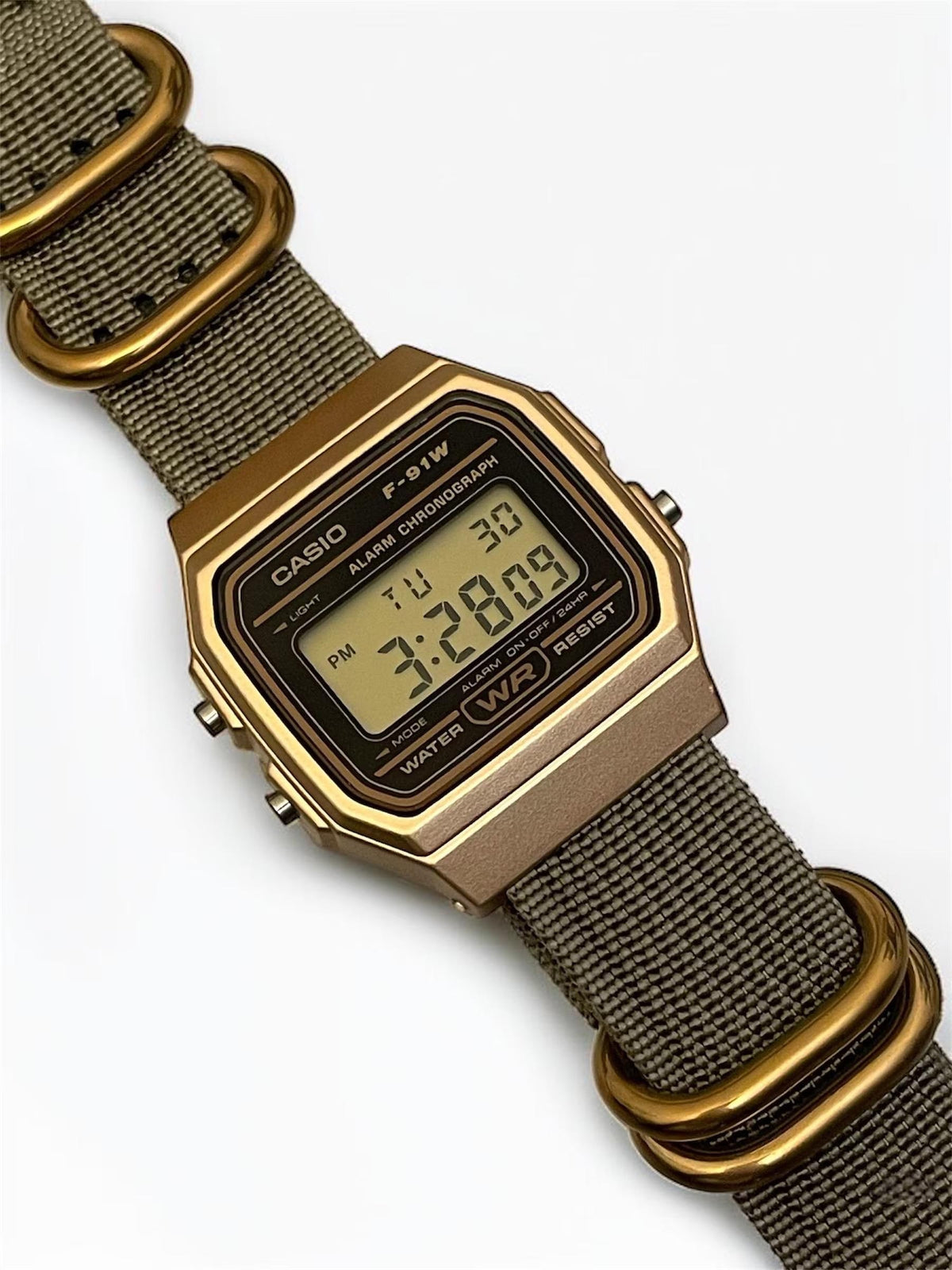 Custom Casio F91W Watch, Gold, Army Green NATO Strap