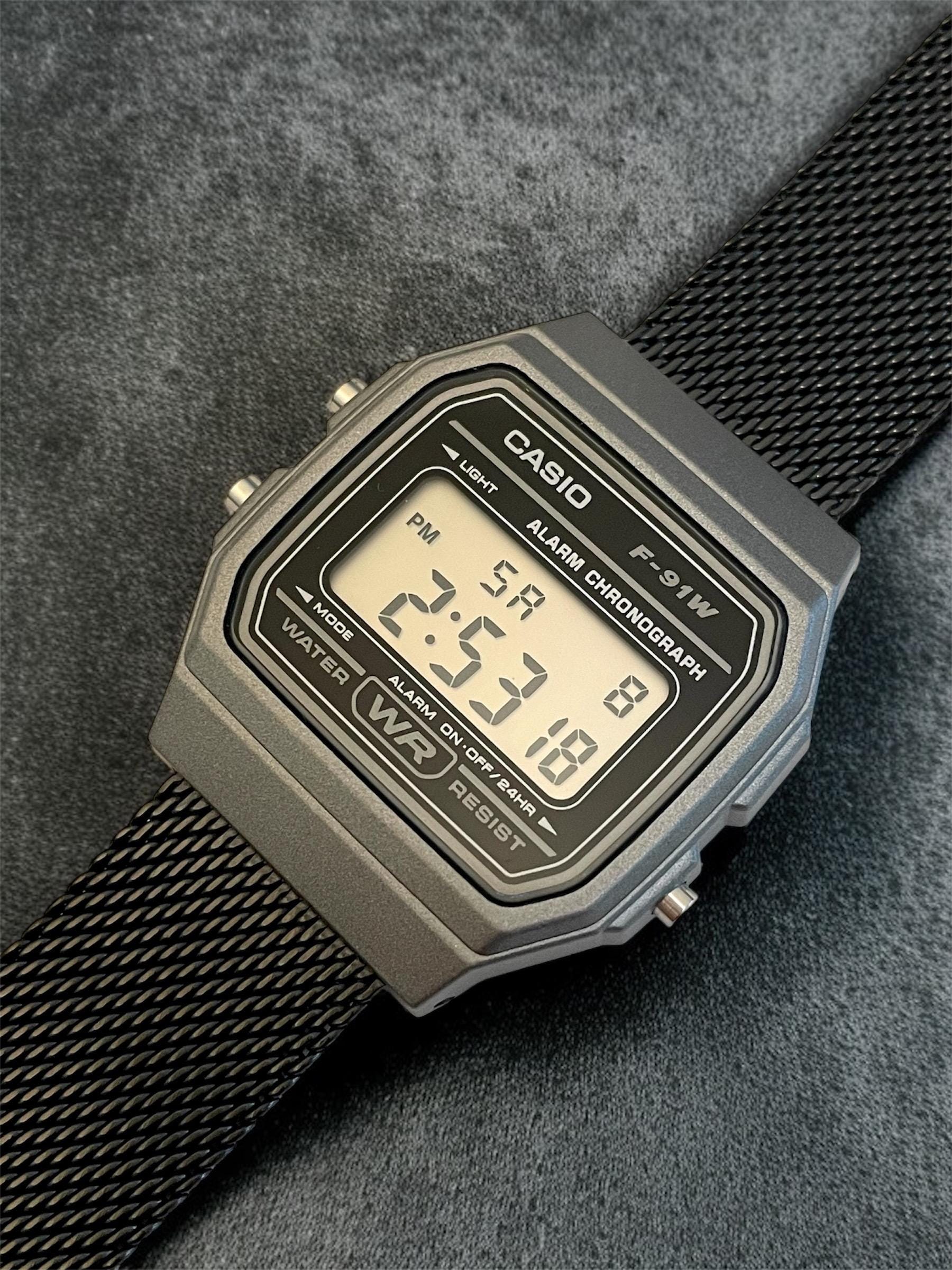 Custom Casio F91W Watch, Dark Silver, Black Metal Band