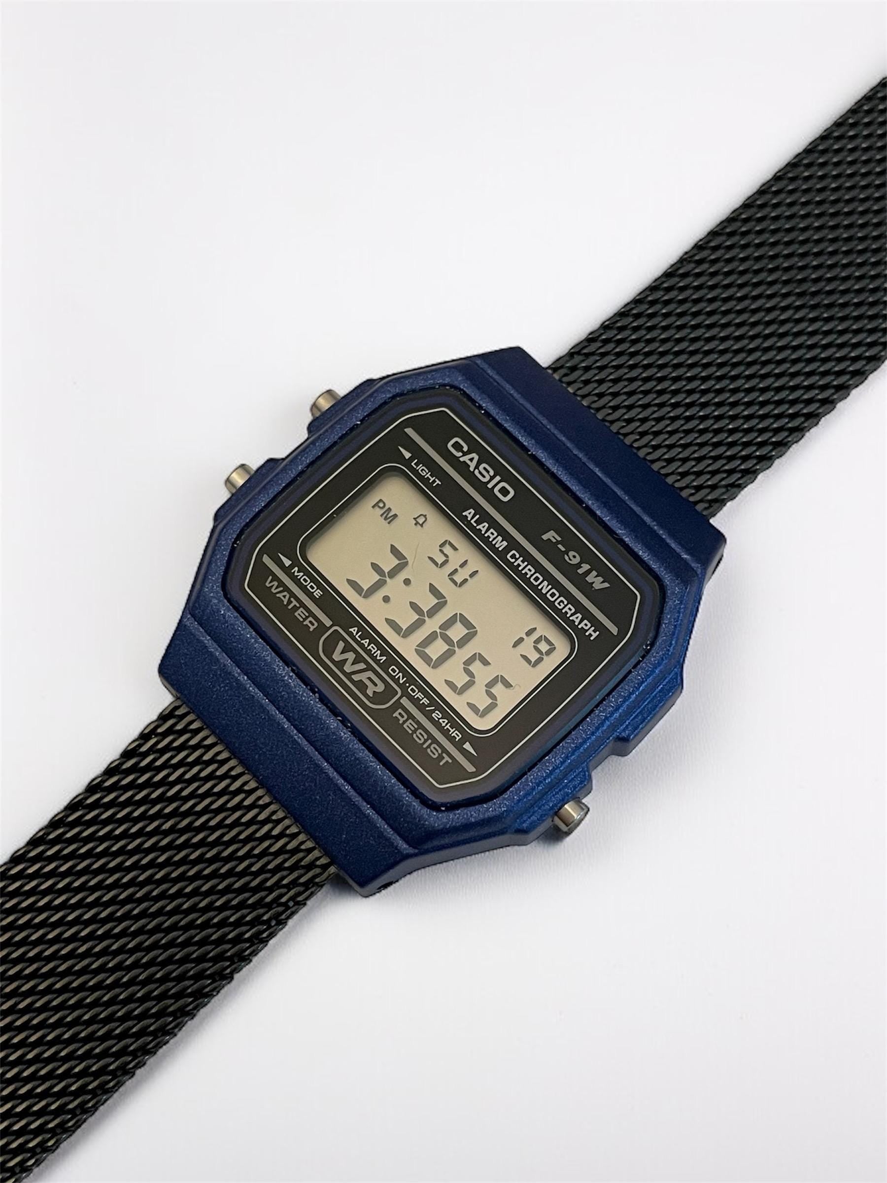 Custom Casio F91W Watch, Blue, Black Metal Band