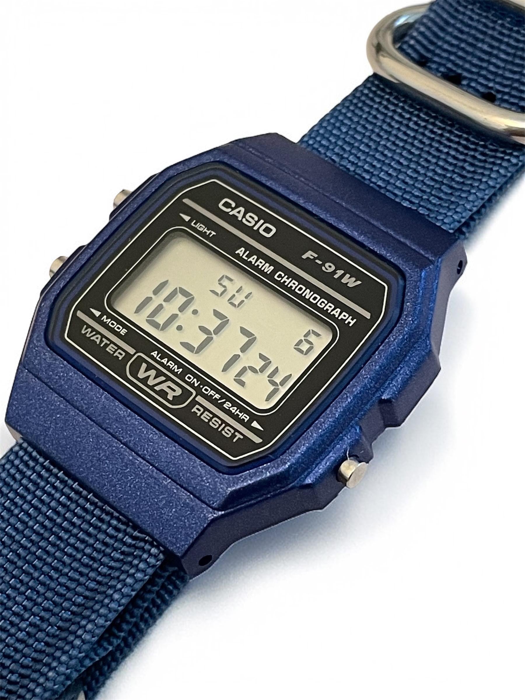Custom Casio F91W Watch, Blue, Blue NATO Strap