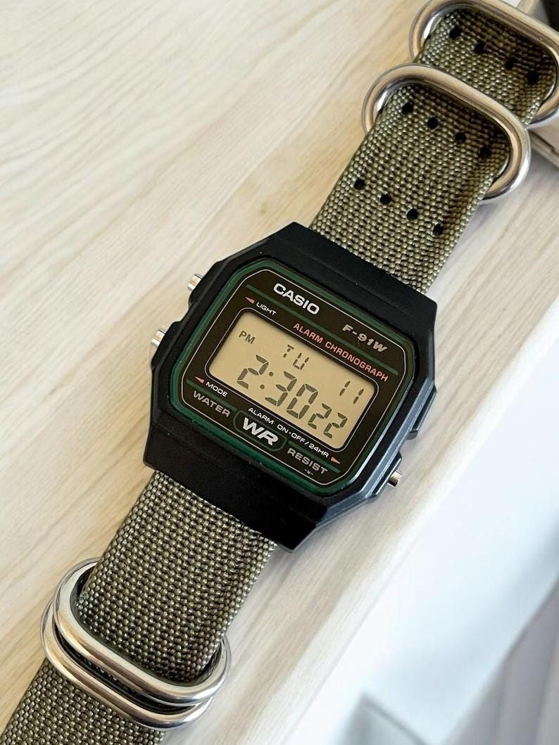 Custom Casio F91W Watch, Black, Army Green Nylon Strap