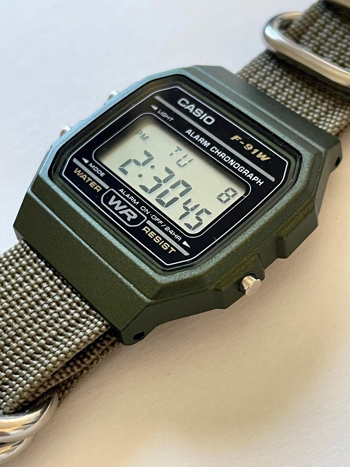 Custom Casio F91W Watch, Green, Army Green NATO Strap