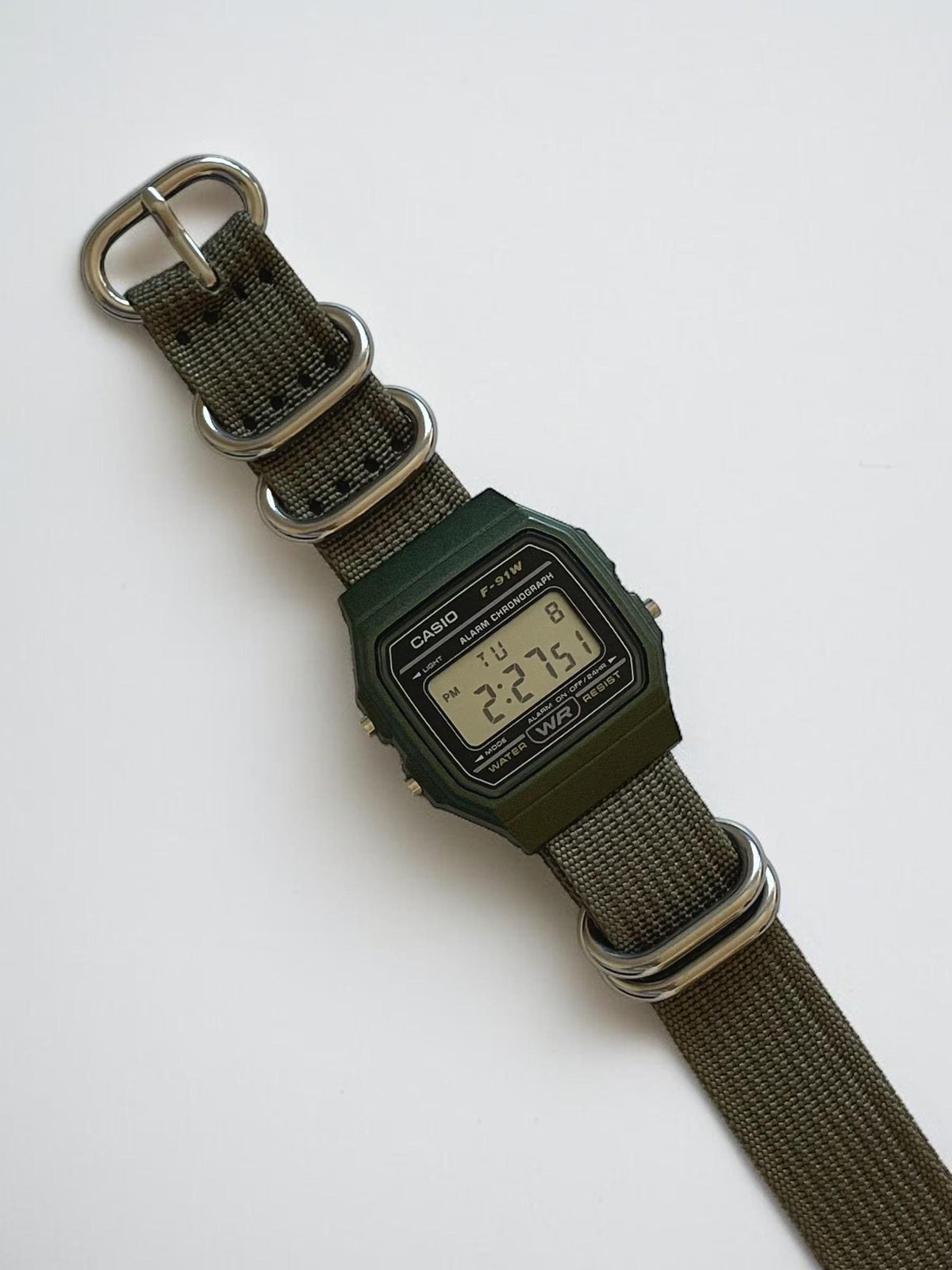 Custom Casio F91W Watch, Green, Army Green NATO Strap