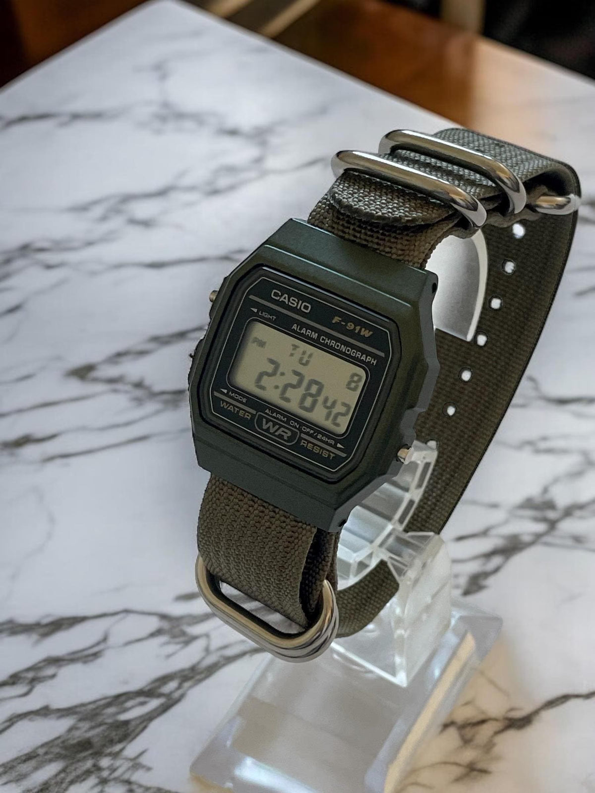 Custom Casio F91W Watch, Green, Army Green NATO Strap