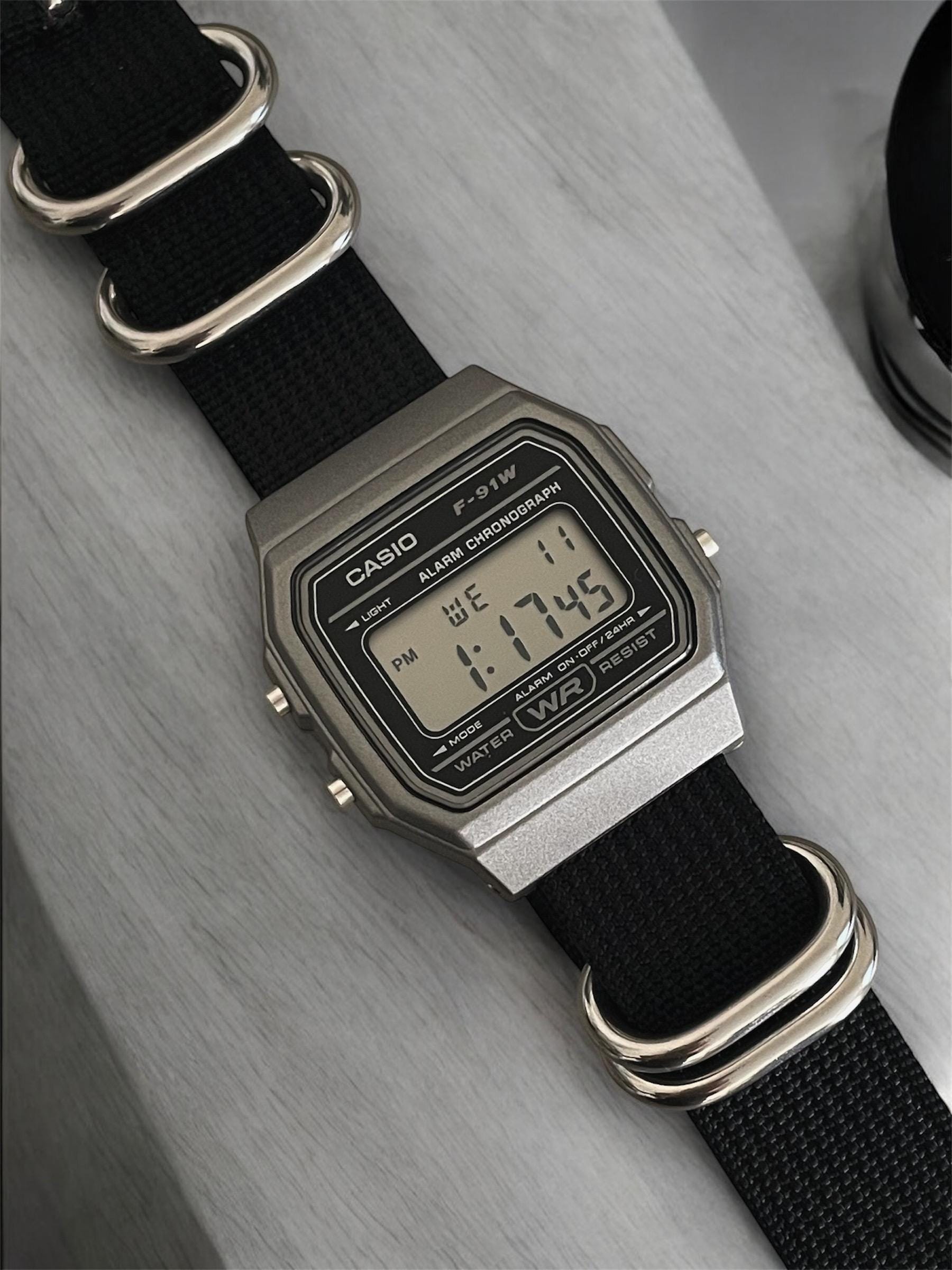 Custom Casio F91W Watch, Dark Silver, Black Nylon Strap