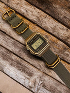 Custom Casio F91W Watch, Gold, Army Green NATO Strap