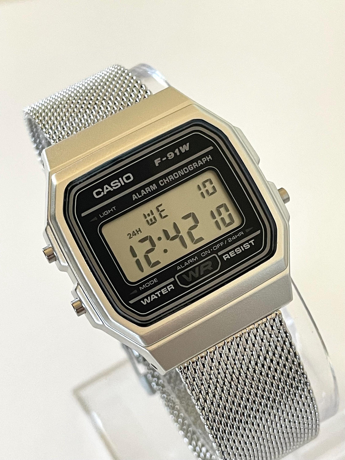Custom Casio F91W Watch, Silver, Silver Metal Band