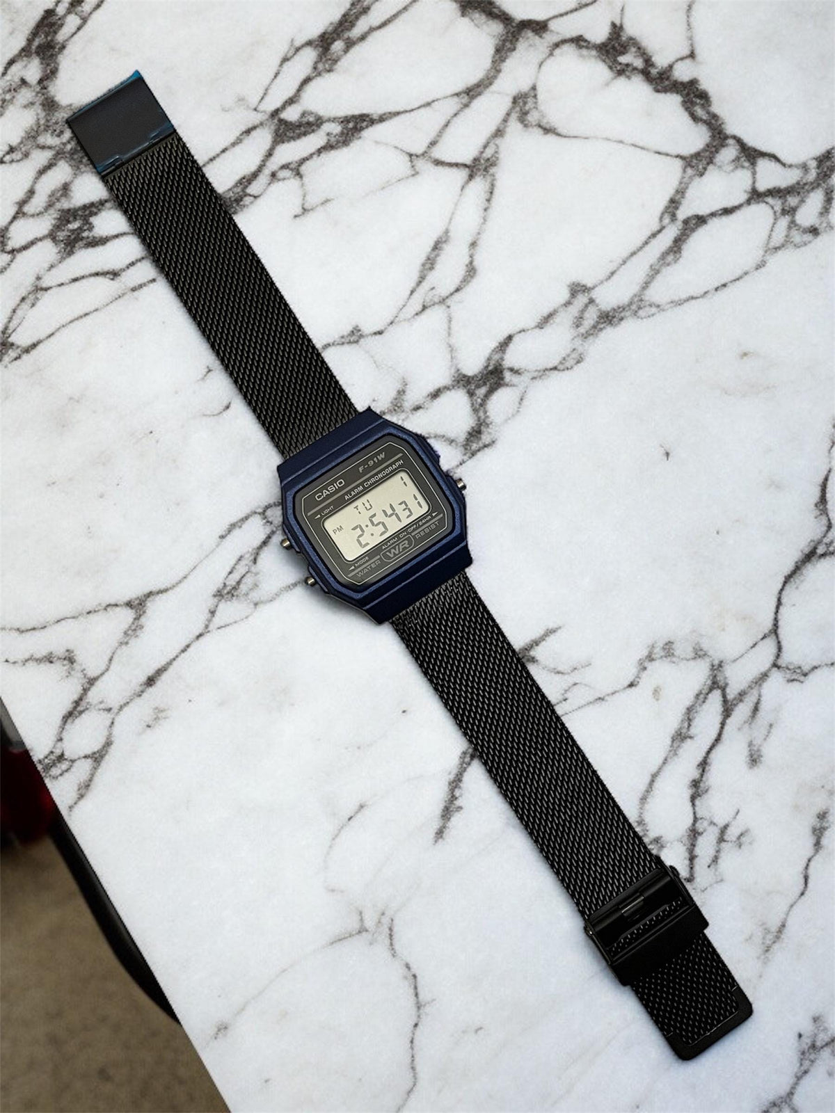 Custom Casio F91W Watch, Blue, Black Metal Band