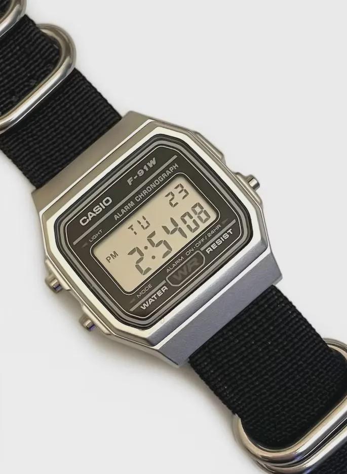 Custom Casio F91W Watch, Silver, Black NATO Strap