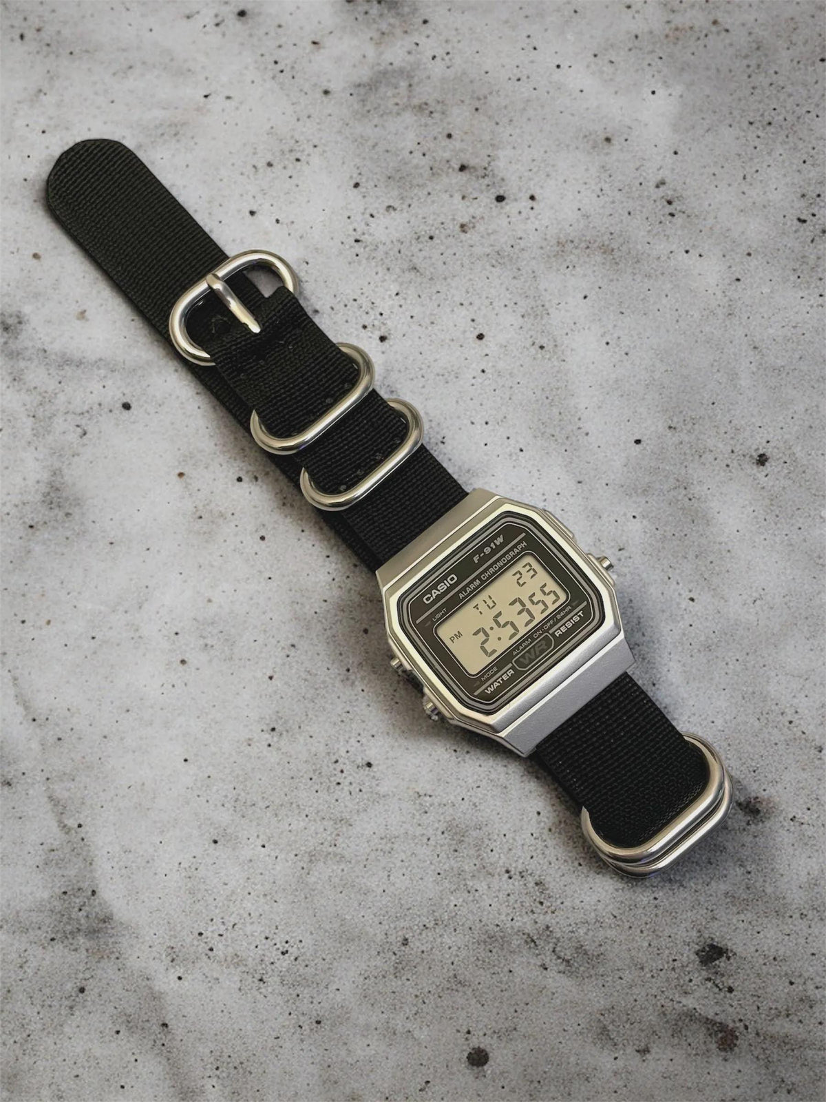 Custom Casio F91W Watch, Silver, Black NATO Strap